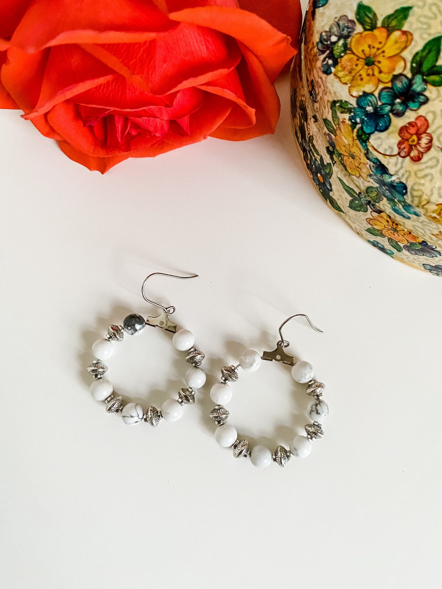 White Howlite Beaded Hoop Earrings, Boho Bead Hoops, Boho Tribal Chic Earrings, Coastal Cowgirl Earrings, Tibetan Style Silver Earrings