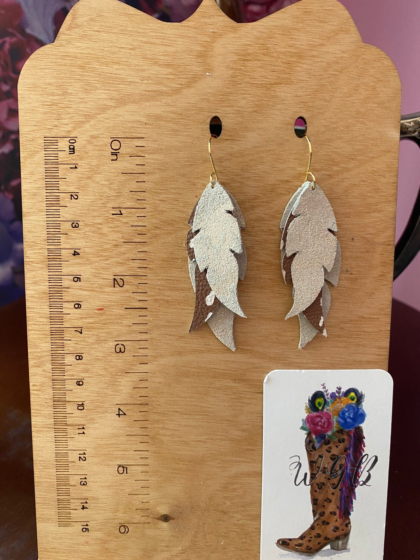 Boho Feather Earrings, Axis Deer Print Leather, Cream Shimmer Camouflage, Neutral Earrings, Gift for Hunter, Cowgirl Chic Western Earrings