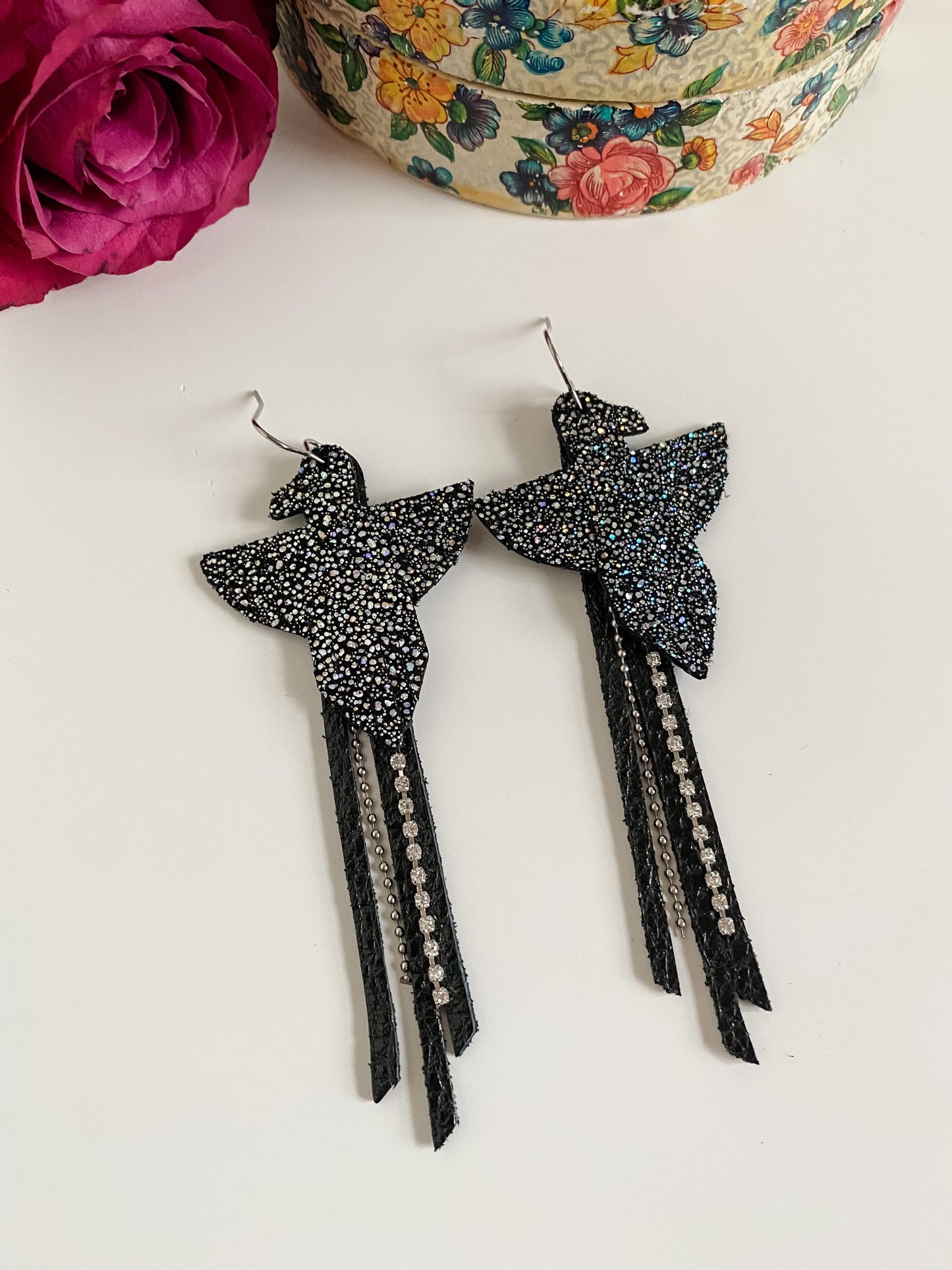 Thunderbird Fringe Earrings, Western Statement Earrings, Iridescent Black Leather Earrings, Rhinestone Chain Tassels, Concert Earrings