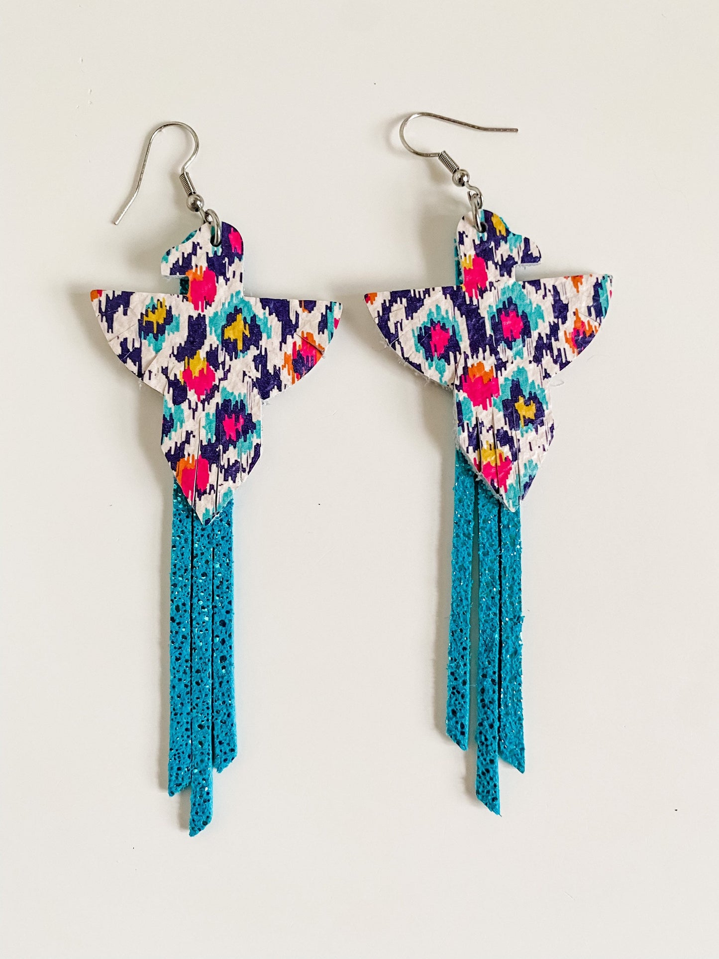 Thunderbird Fringe Earrings, Ikat Print Leather, Metallic Turquoise Leather Fringe, Boho Coastal Cowgirl Chic Earrings, Western Earrings