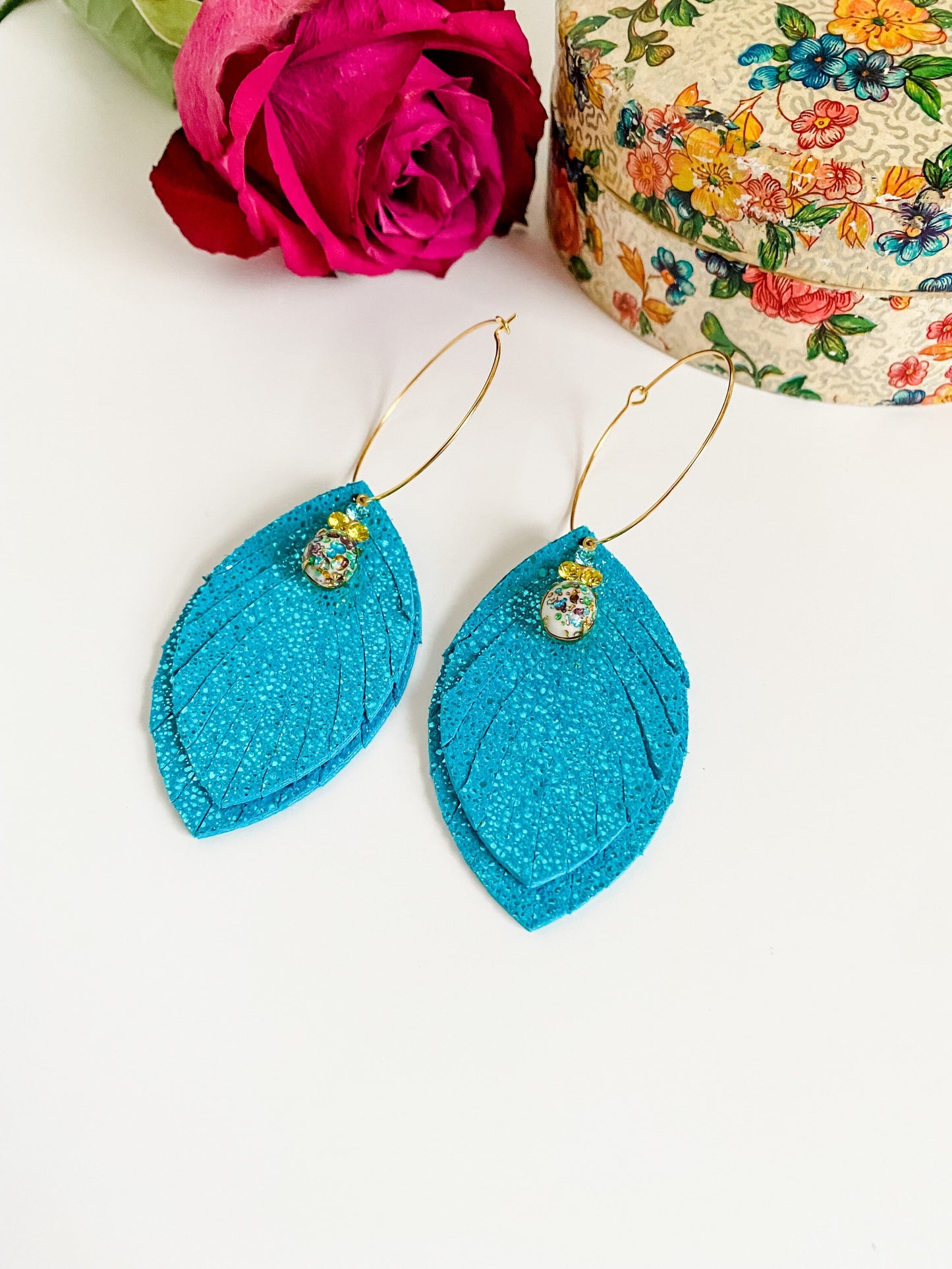 Boho Turquoise Leather Feather Earrings with Vintage Crystal Drops, Gold Hoop Earrings Fringe Leaf Dangle, Cowgirl Glam Western Earrings