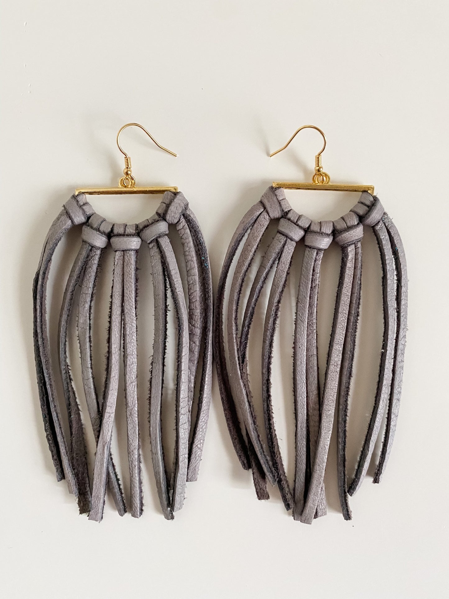 Gray Deerskin Fringe Earrings, Gold Semicircle Hoops with Leather Fringe, Boho Chic Handmade Earrings, Western Earrings, Festival Earrings