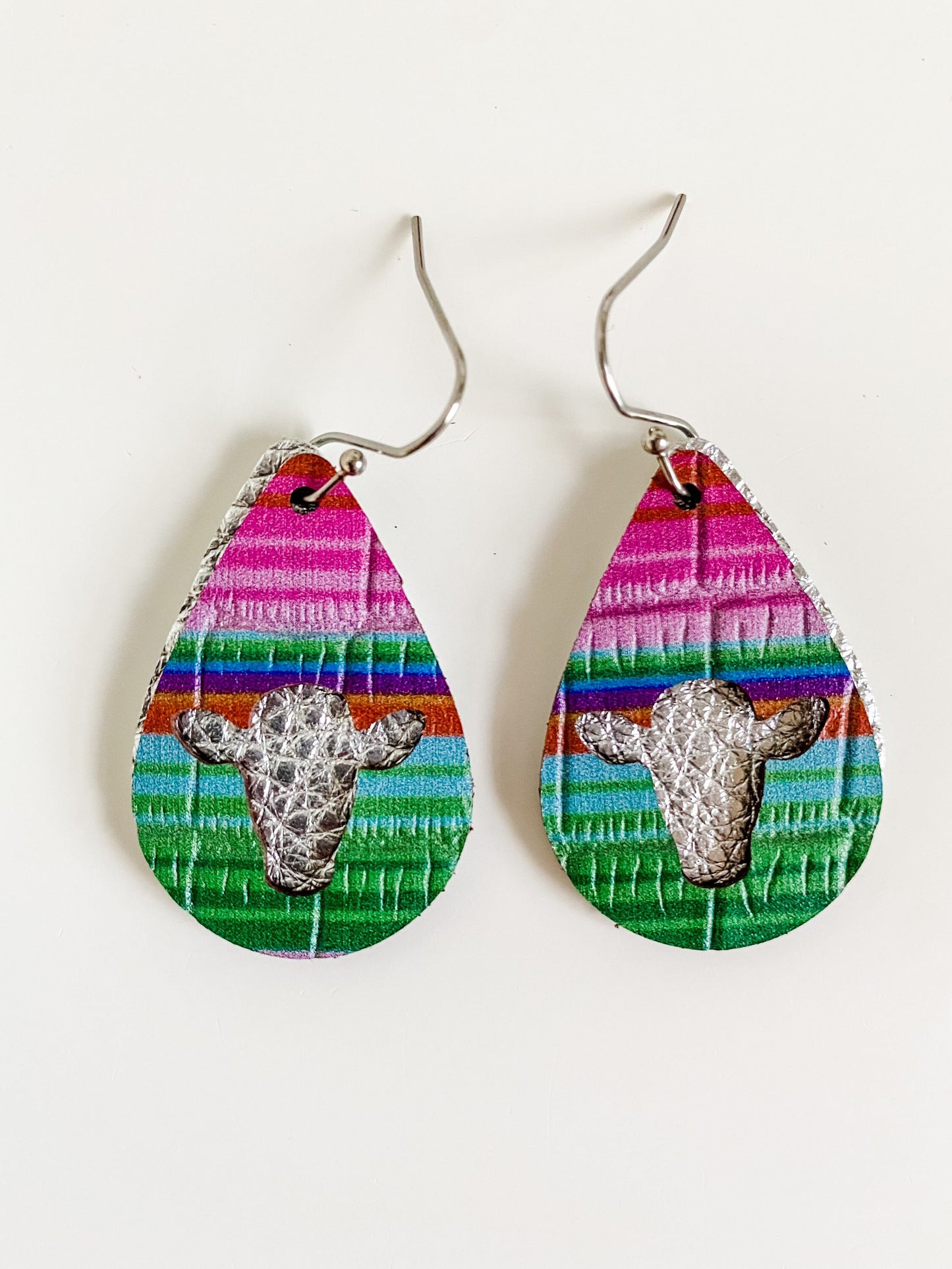 Serape Earrings with Cow Cutout, Serape Print Teardrop Earrings, Cute Cow Earrings, Western Earrings, small earrings