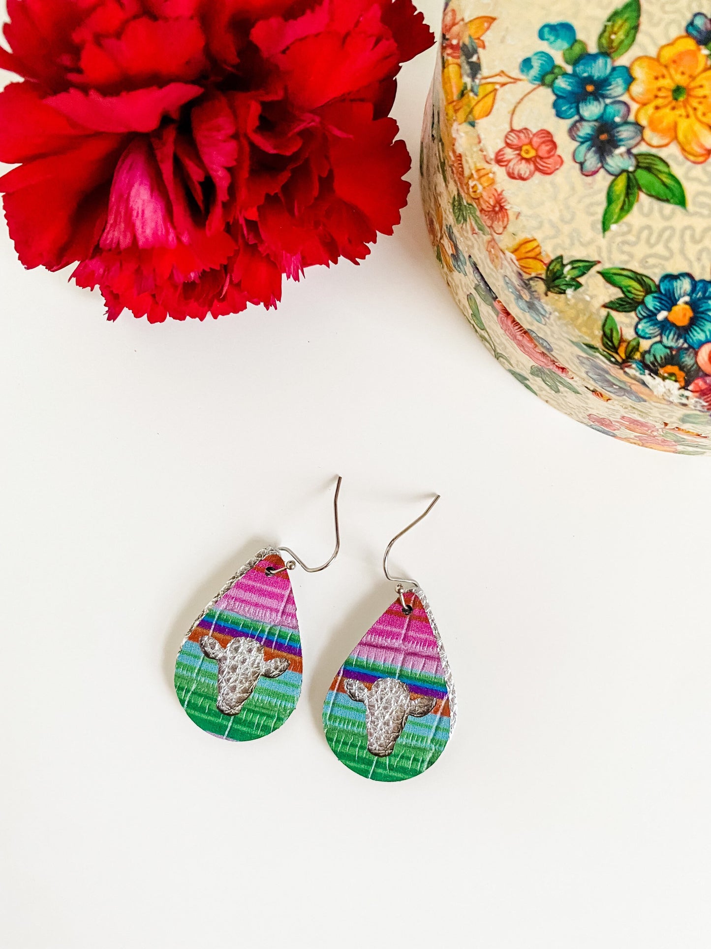 Serape Earrings with Cow Cutout, Serape Print Teardrop Earrings, Cute Cow Earrings, Western Earrings, small earrings