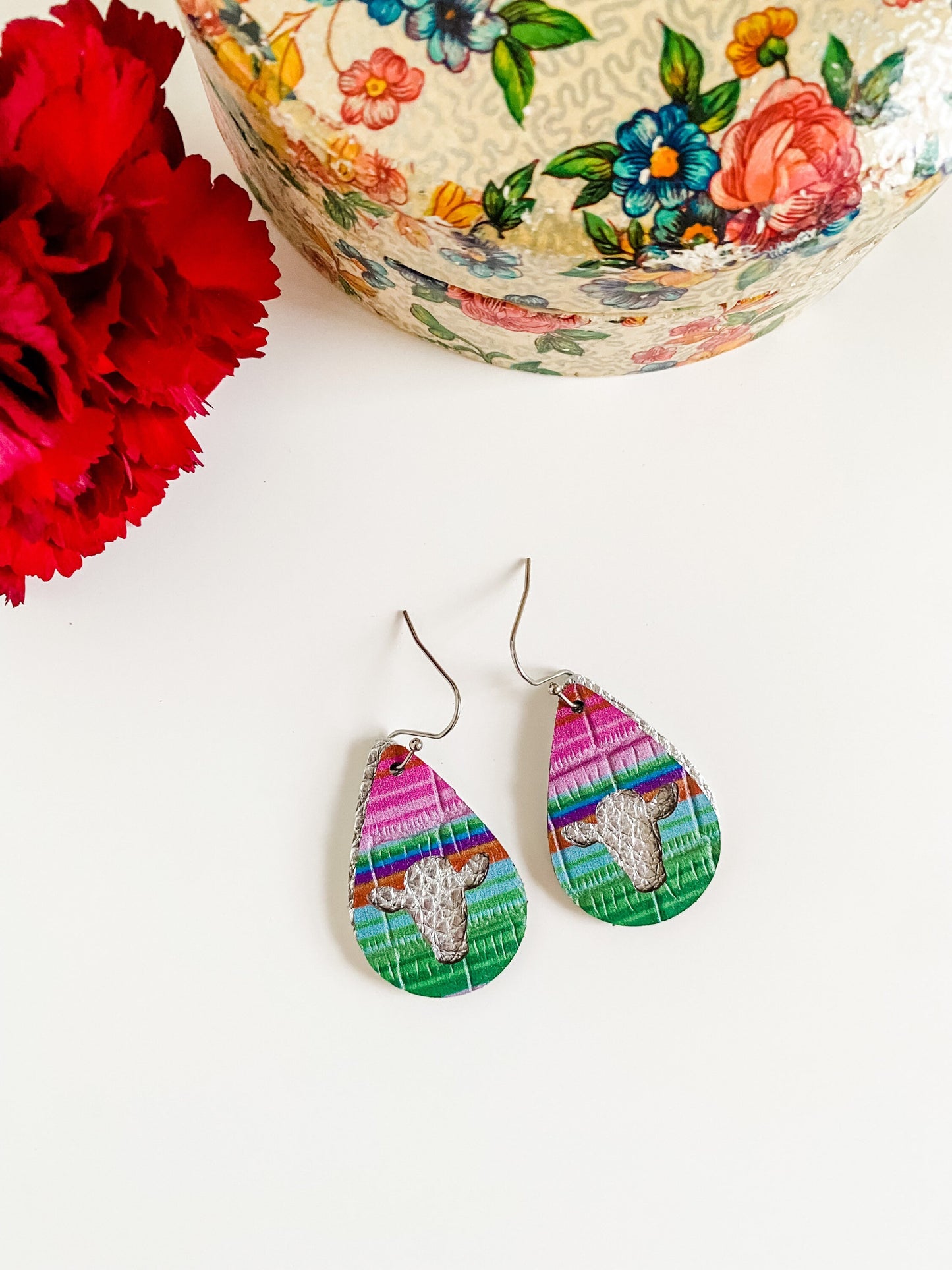 Serape Earrings with Cow Cutout, Serape Print Teardrop Earrings, Cute Cow Earrings, Western Earrings, small earrings