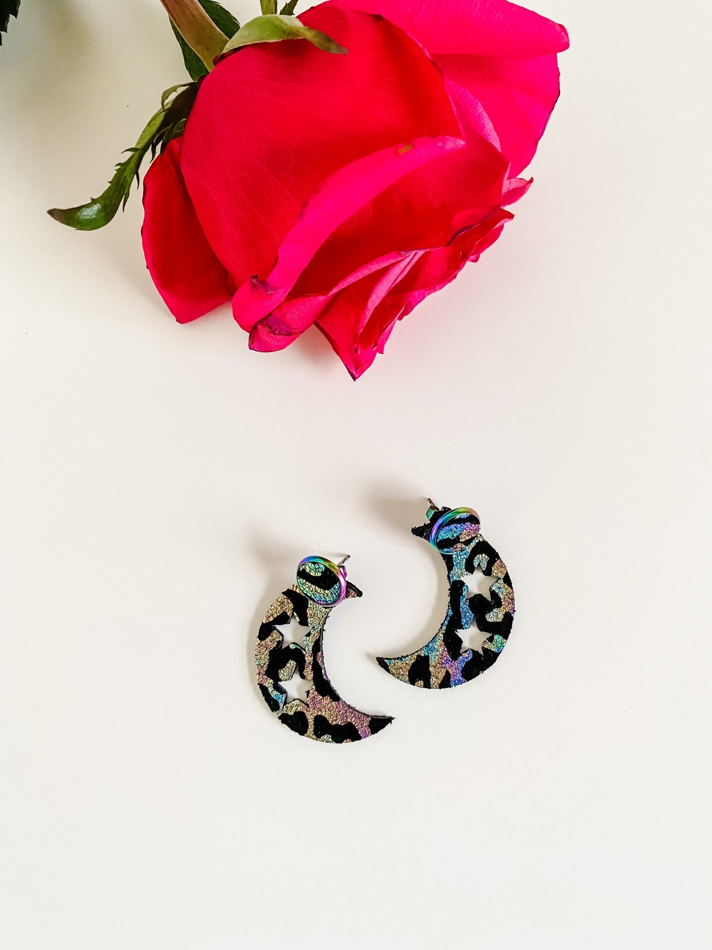 Crescent Moon Ear Jacket Earrings, Metallic Silver and Black Leather, Rainbow Leopard Print, Love You to the Moon and Back Earrings