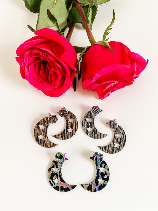 Crescent Moon Ear Jacket Earrings, Metallic Silver and Black Leather, Rainbow Leopard Print, Love You to the Moon and Back Earrings