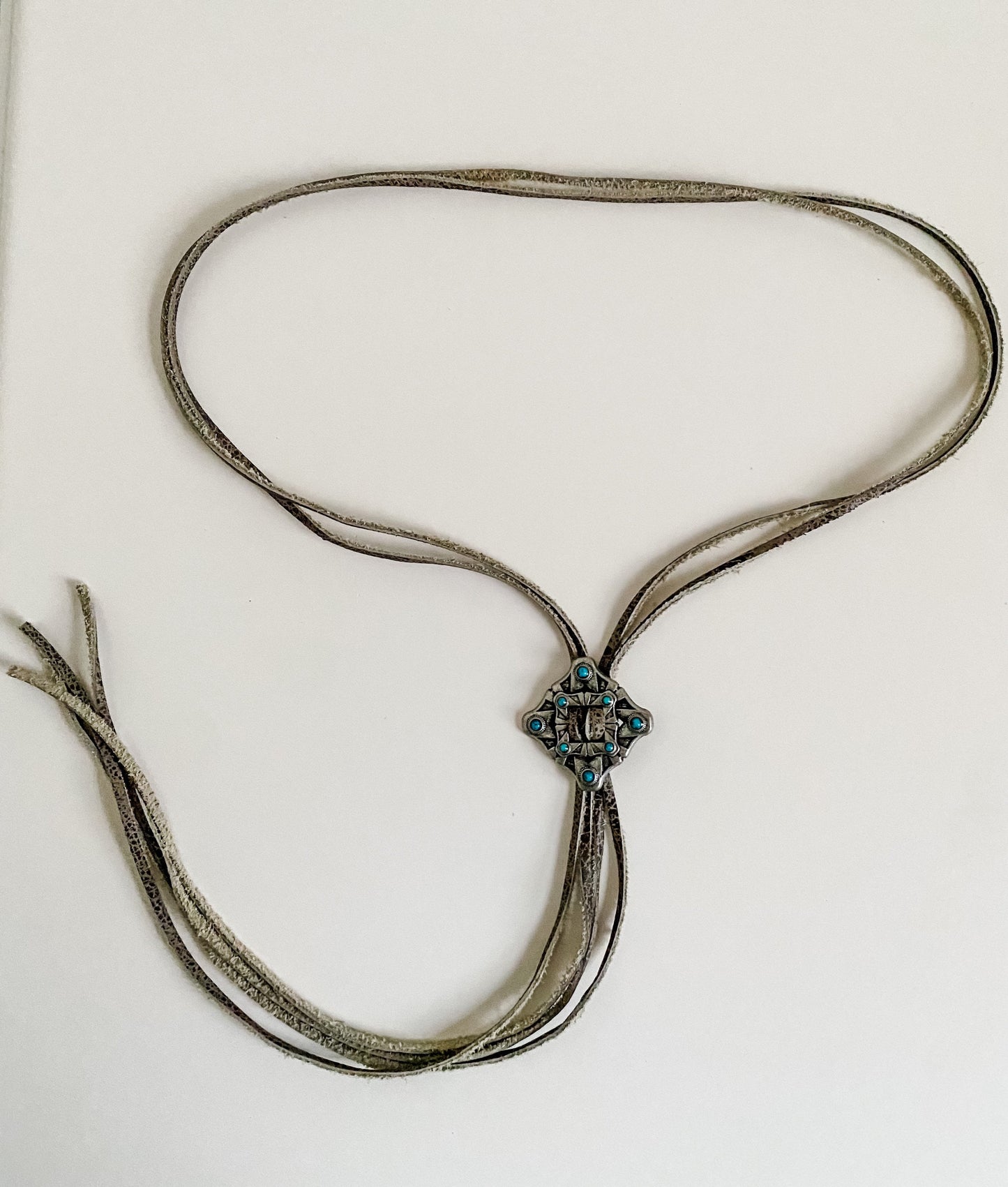 Modern Bolo Necklace, Distressed Gray Cowhide, Turquoise and Antique Silver Concho Necklace, Long Fringe Western Statement Necklace