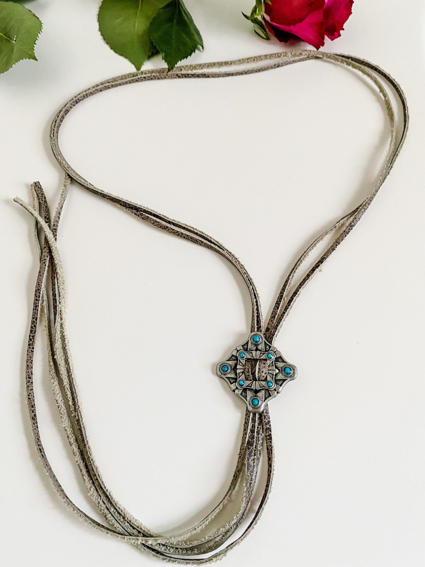 Modern Bolo Necklace, Distressed Gray Cowhide, Turquoise and Antique Silver Concho Necklace, Long Fringe Western Statement Necklace