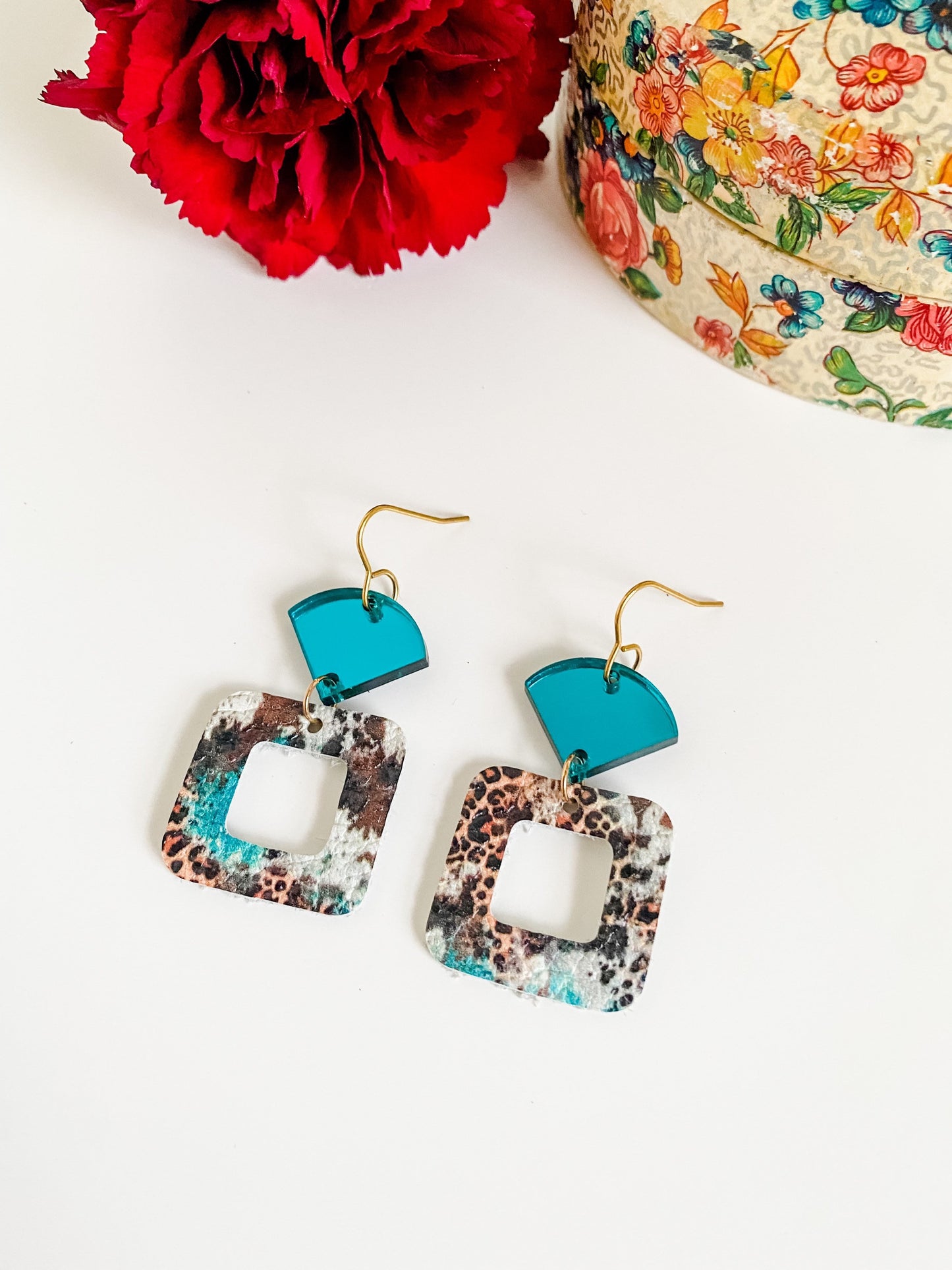 Teal and Cheetah Geometric Earrings, Small Square with Cutout, Mirrored Teal Acrylic Fan Connector, Abstract Cheetah Print, Small Earrings