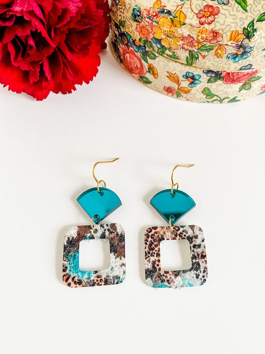 Teal and Cheetah Geometric Earrings, Small Square with Cutout, Mirrored Teal Acrylic Fan Connector, Abstract Cheetah Print, Small Earrings