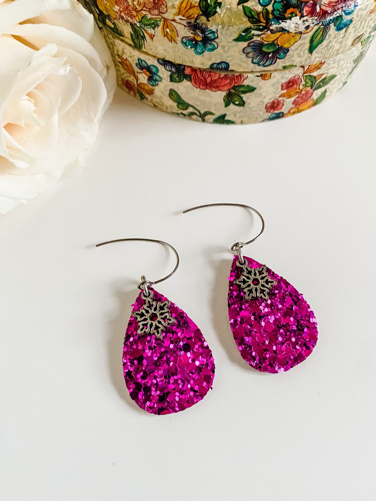 Dark Pink Glitter Teardrop Earrings with Snowflake Charms, Stocking Stuffer for Women, Holiday Party Earrings, Pink Christmas Earrings