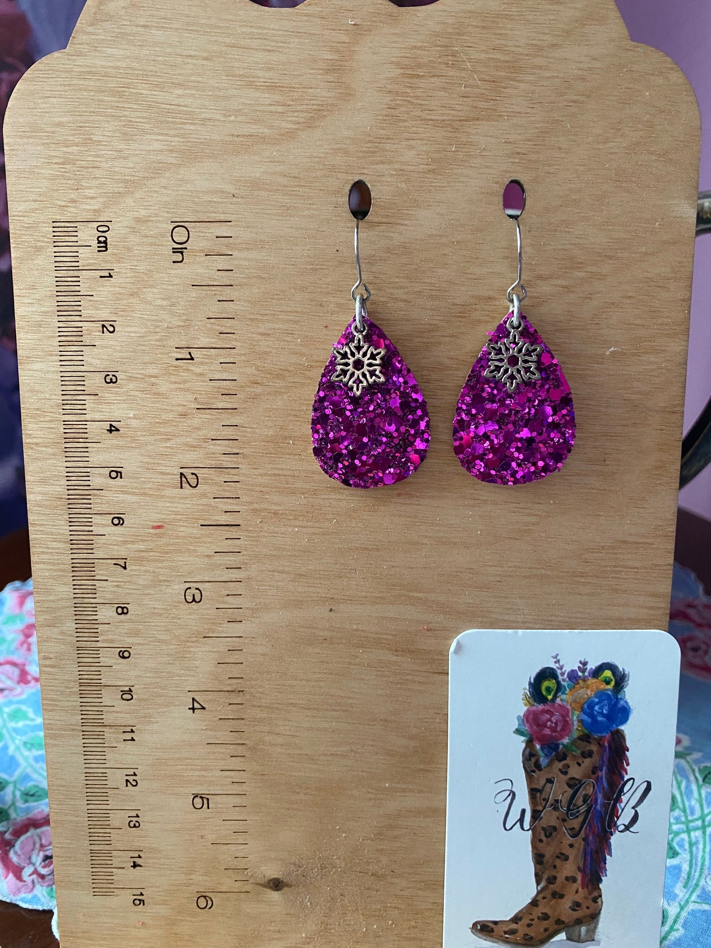 Dark Pink Glitter Teardrop Earrings with Snowflake Charms, Stocking Stuffer for Women, Holiday Party Earrings, Pink Christmas Earrings