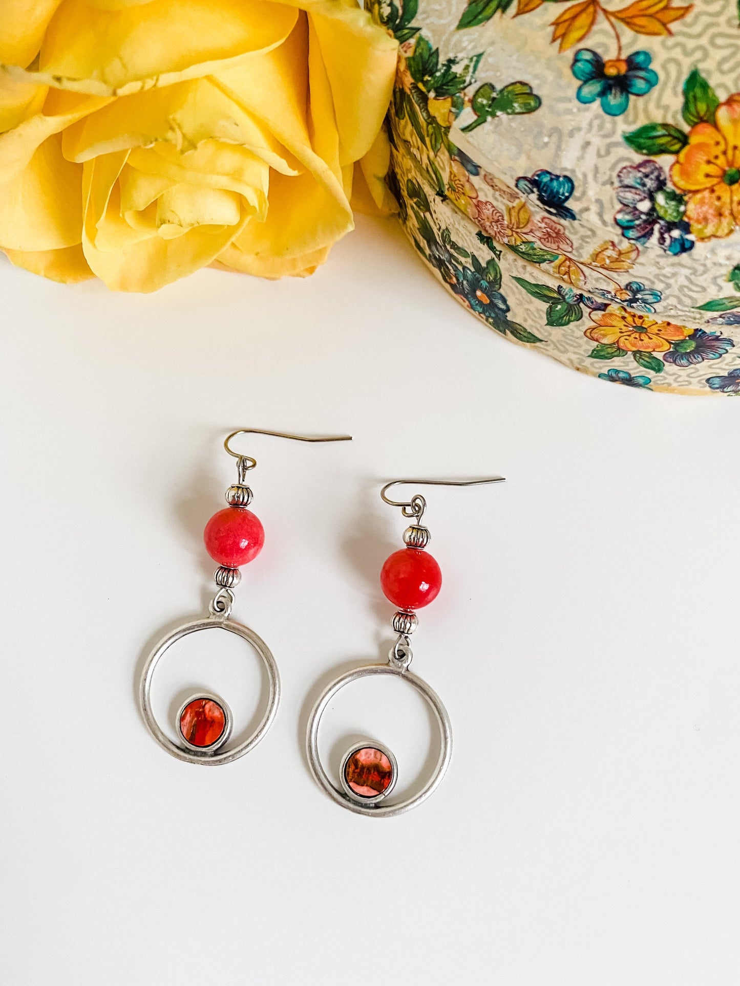 Boho Silver and Coral Stone Bead Earrings, Circle Dangle Earrings, Coral Earrings, Coastal Cowgirl Earrings, Southwestern Western Earrings