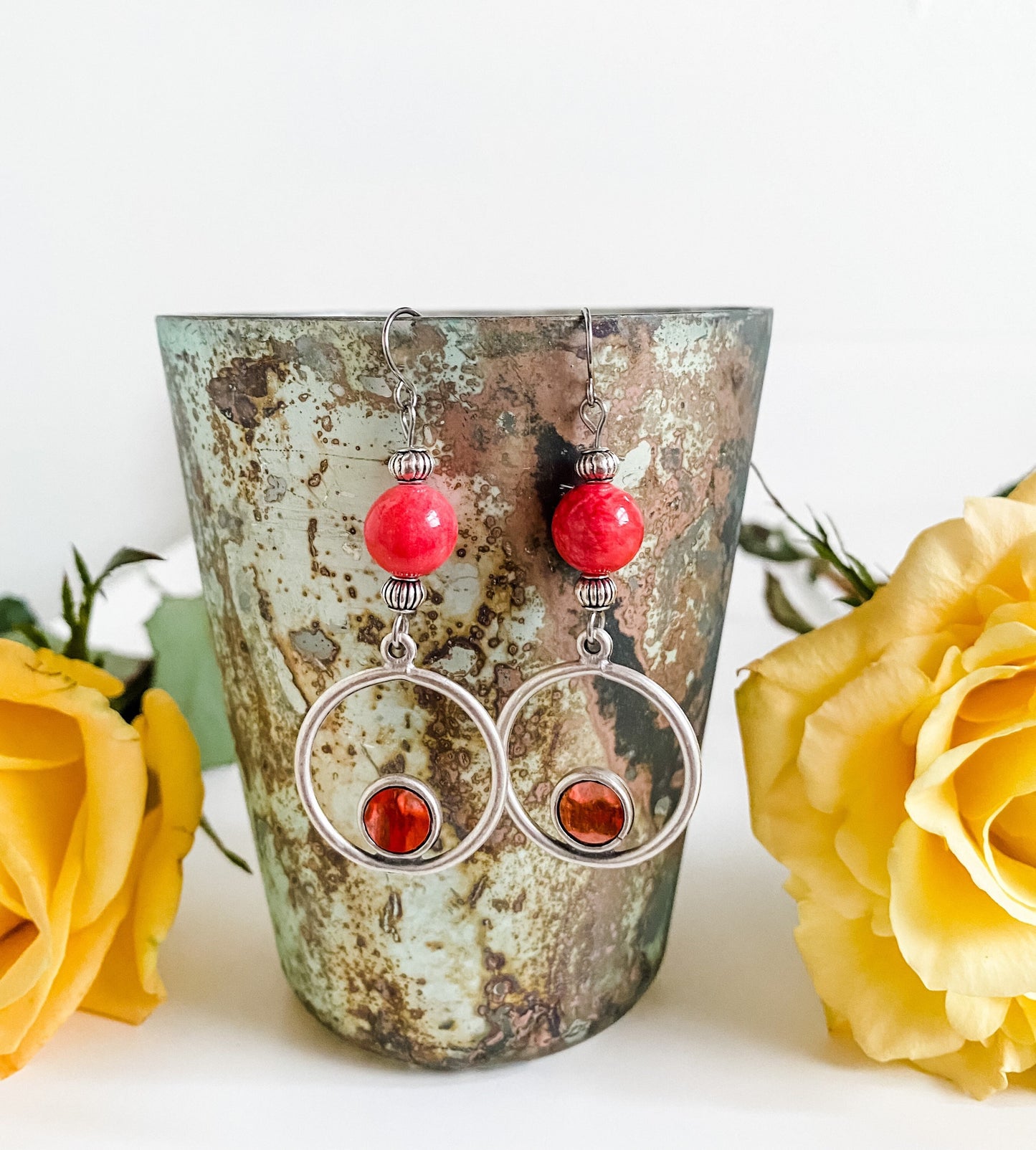 Boho Silver and Coral Stone Bead Earrings, Circle Dangle Earrings, Coral Earrings, Coastal Cowgirl Earrings, Southwestern Western Earrings