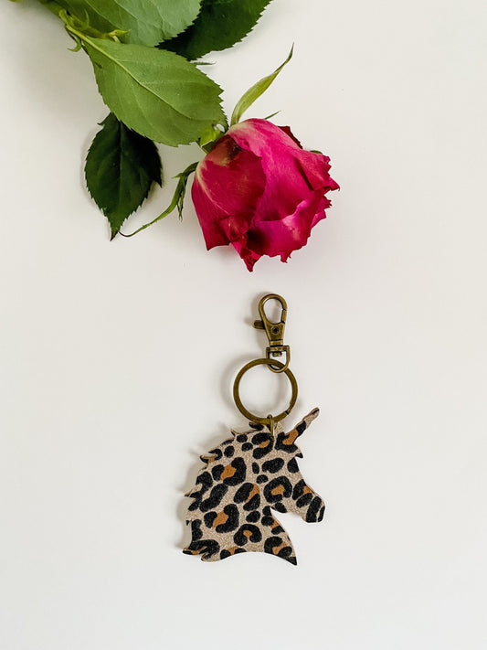 Unicorn Keychain, Gold Glitter Leopard Leather, Unicorn Bag Charm, Leopard Print Bag Charm, Saddle Charm, choose hardware color and style