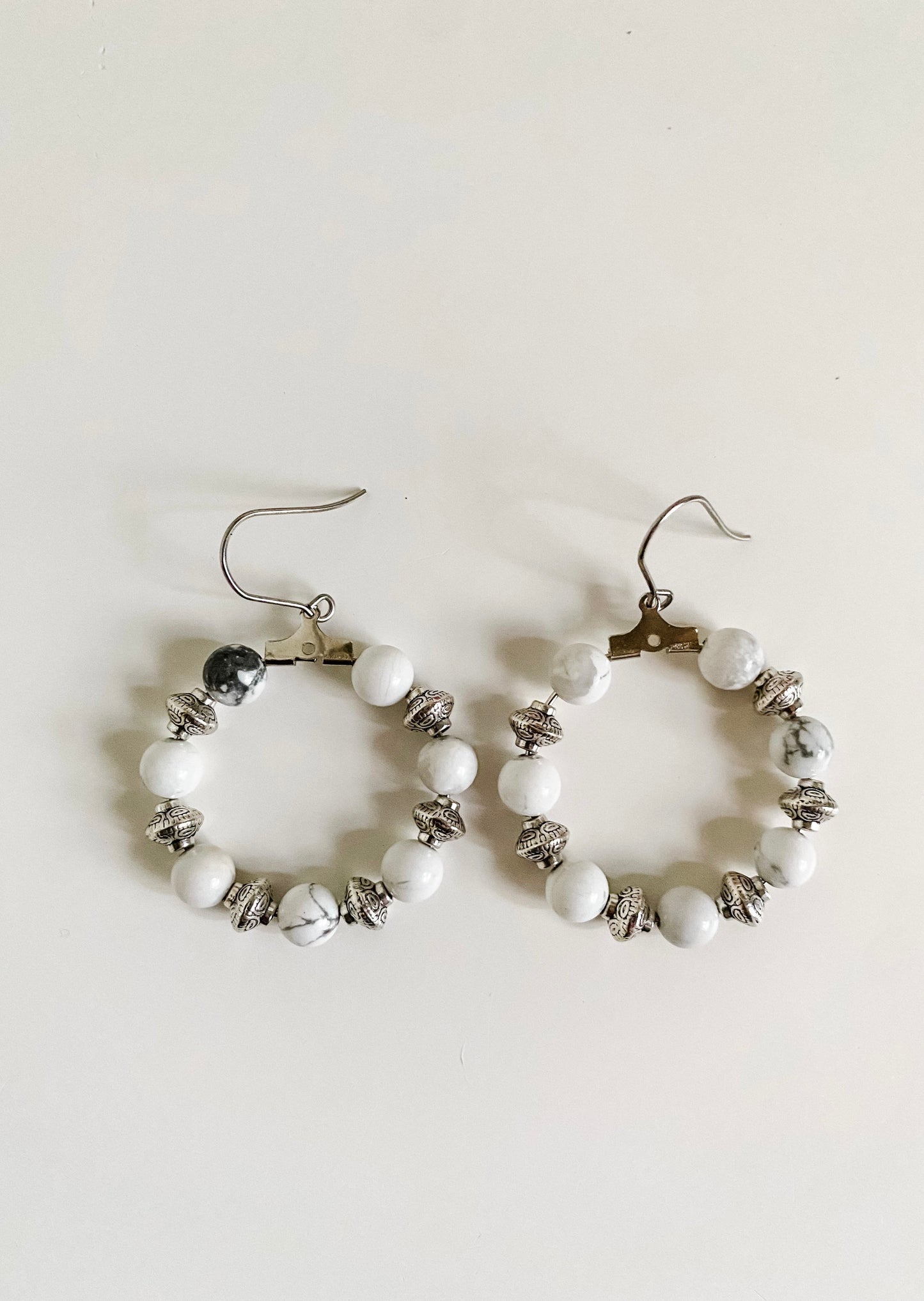 White Howlite Beaded Hoop Earrings, Boho Bead Hoops, Boho Tribal Chic Earrings, Coastal Cowgirl Earrings, Tibetan Style Silver Earrings