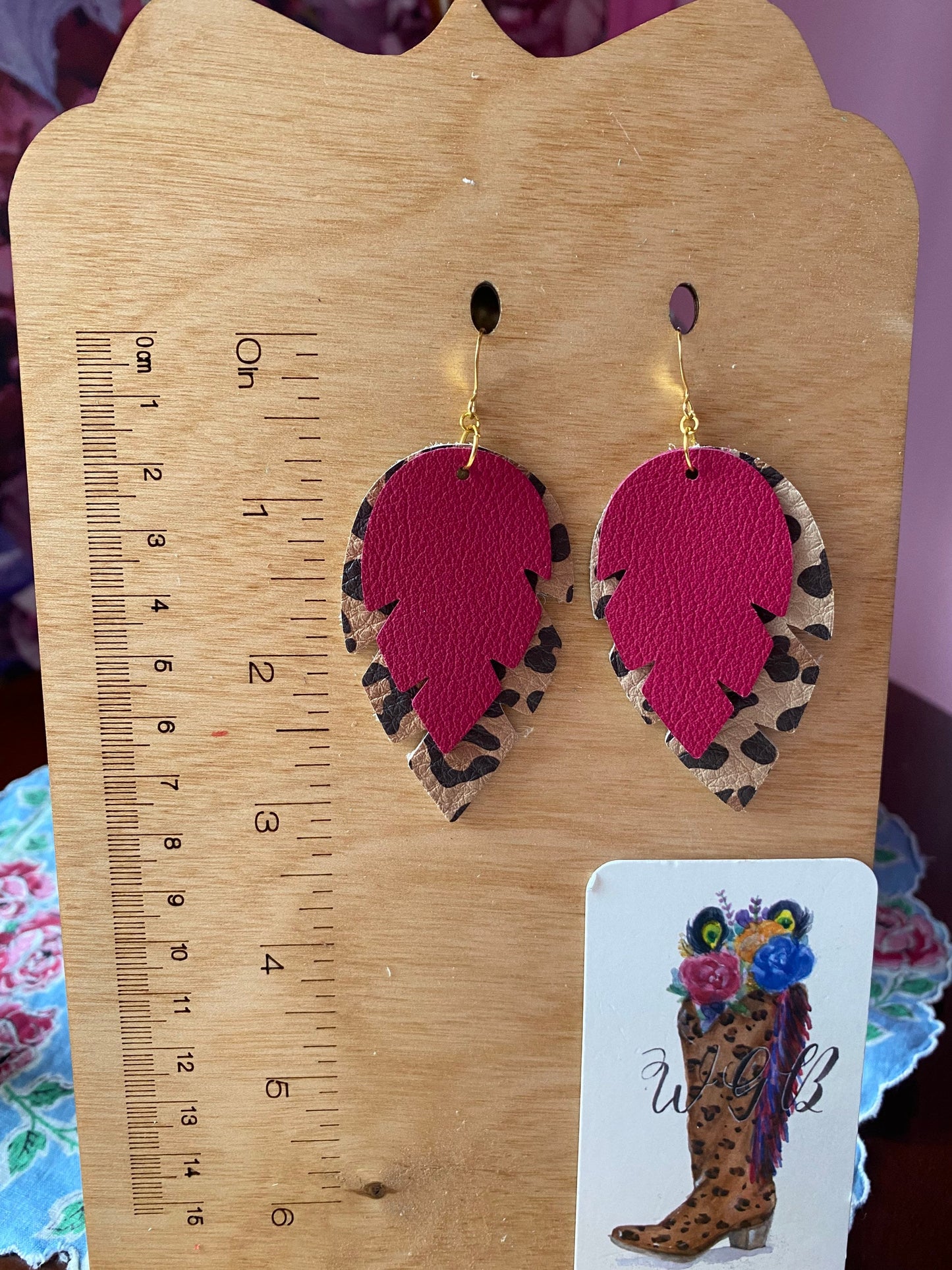 Leopard and Raspberry Leather Feather Earrings, Boho Feather Earrings, Leopard Cheetah Print Earrings, Boho Cowgirl Chic Earrings