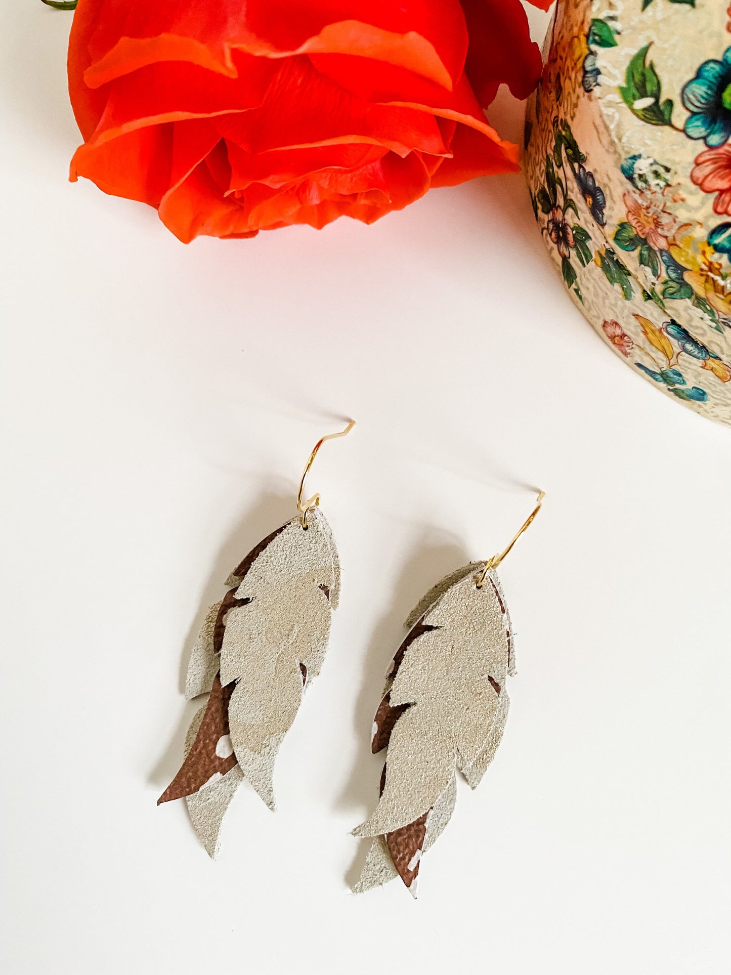 Boho Feather Earrings, Axis Deer Print Leather, Cream Shimmer Camouflage, Neutral Earrings, Gift for Hunter, Cowgirl Chic Western Earrings