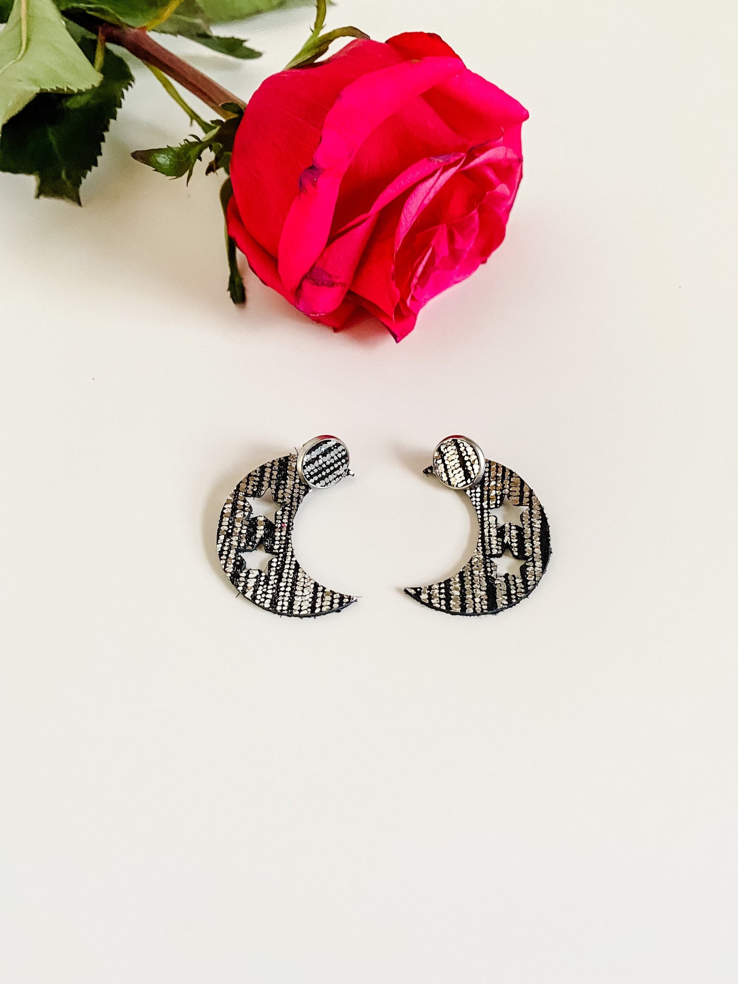 Crescent Moon Ear Jacket Earrings, Metallic Silver and Black Leather, Rainbow Leopard Print, Love You to the Moon and Back Earrings