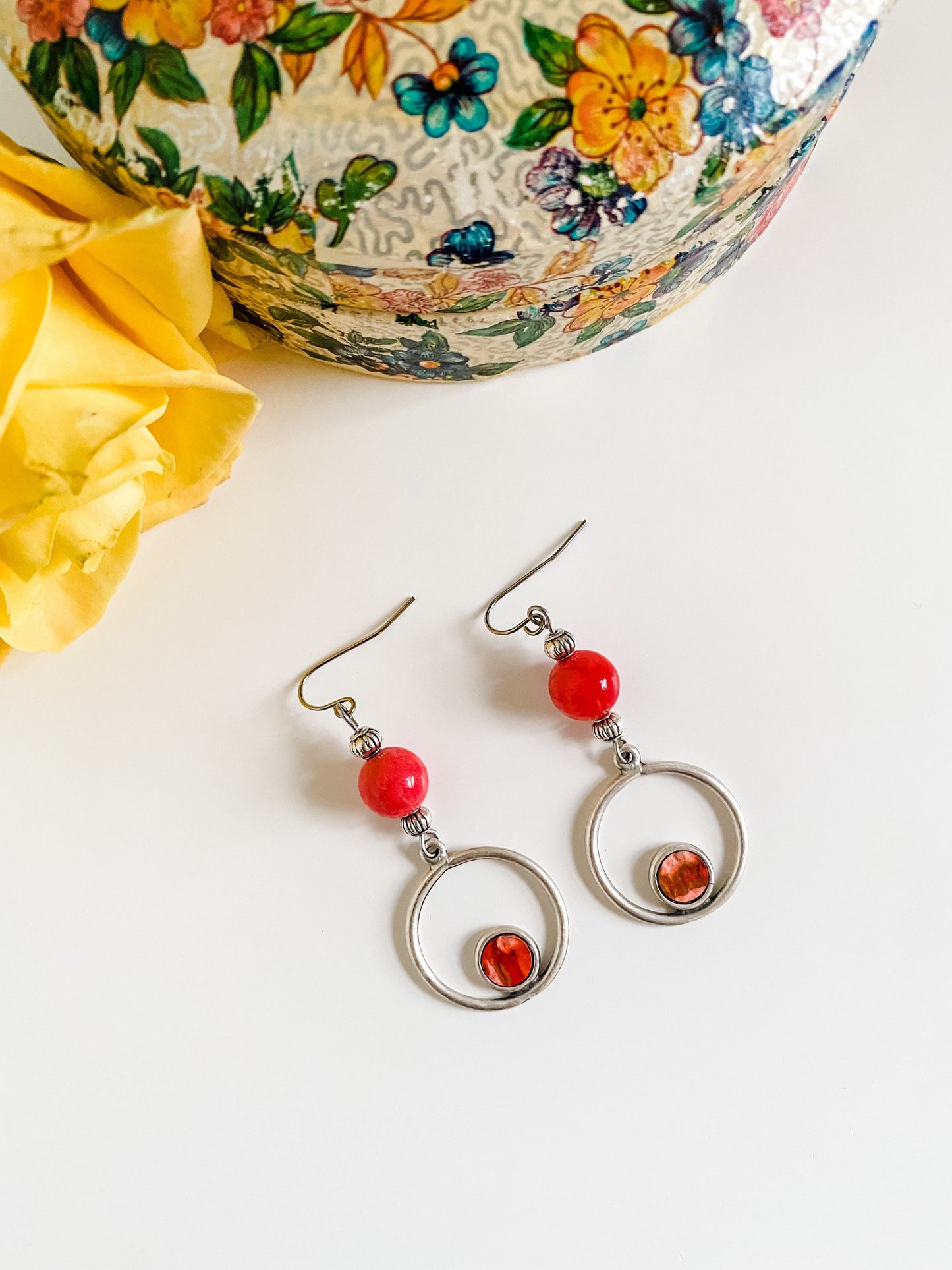 Boho Silver and Coral Stone Bead Earrings, Circle Dangle Earrings, Coral Earrings, Coastal Cowgirl Earrings, Southwestern Western Earrings