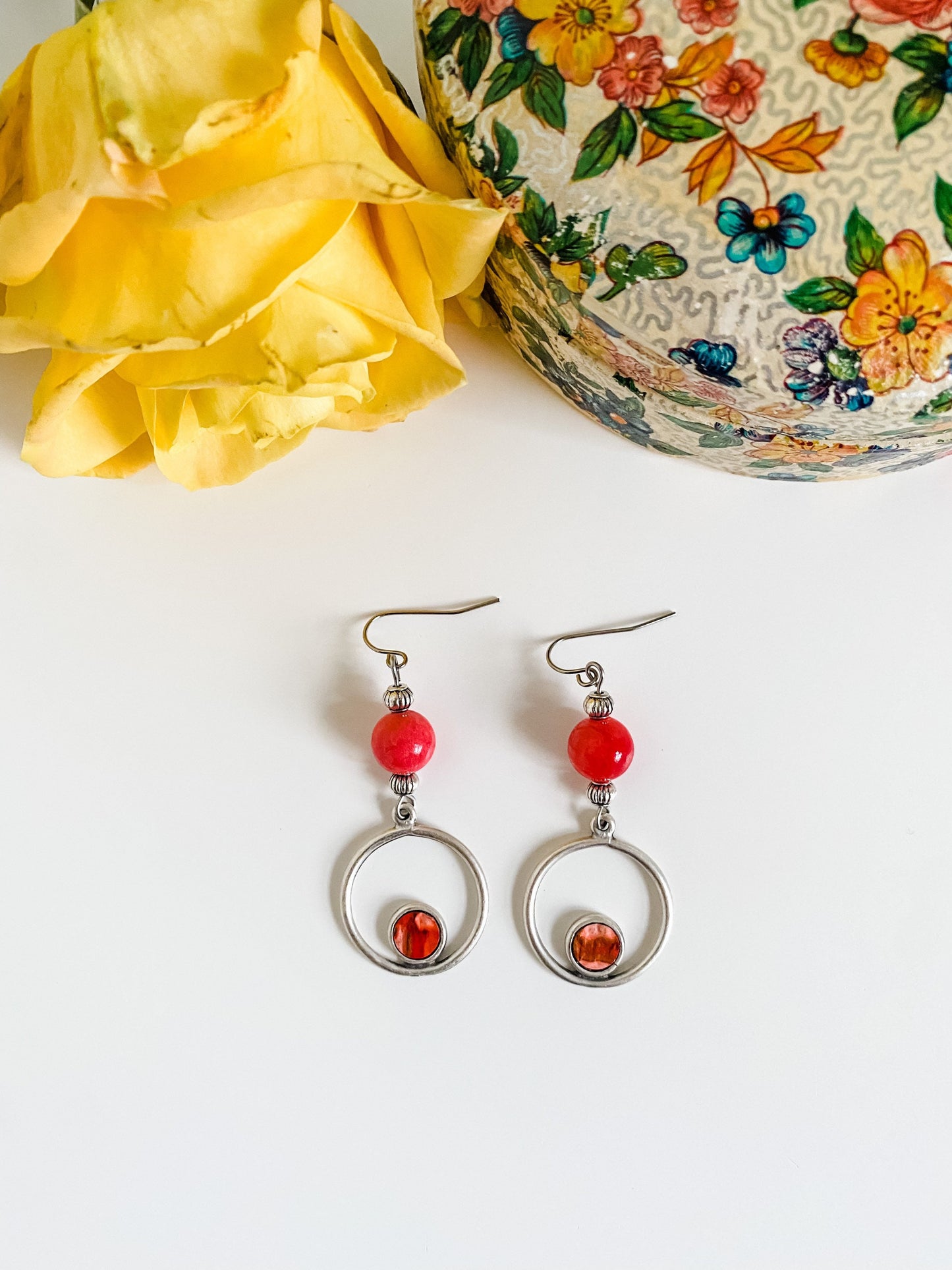 Boho Silver and Coral Stone Bead Earrings, Circle Dangle Earrings, Coral Earrings, Coastal Cowgirl Earrings, Southwestern Western Earrings