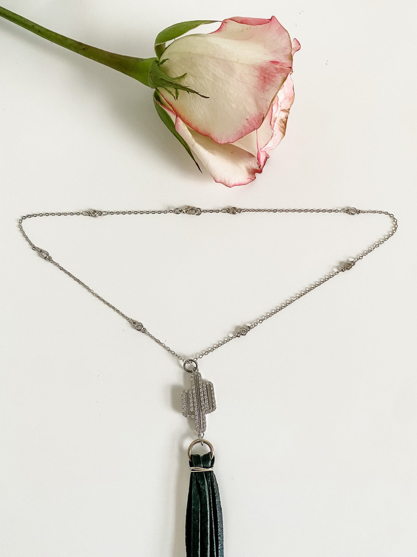 Black Leather Tassel Necklace with Pavé Crystal Cactus, Fringe Necklace, Coastal Cowgirl Necklace, Cactus Necklace, Festival Fashion