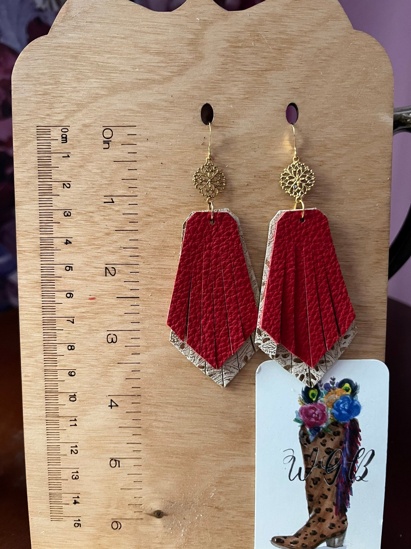 Leather Fringe Earrings, Red Fringe Earrings, Gold Paisley Earrings Ornate Filigree Drops, Vintage Inspired Earrings, Boho Dressy Earrings