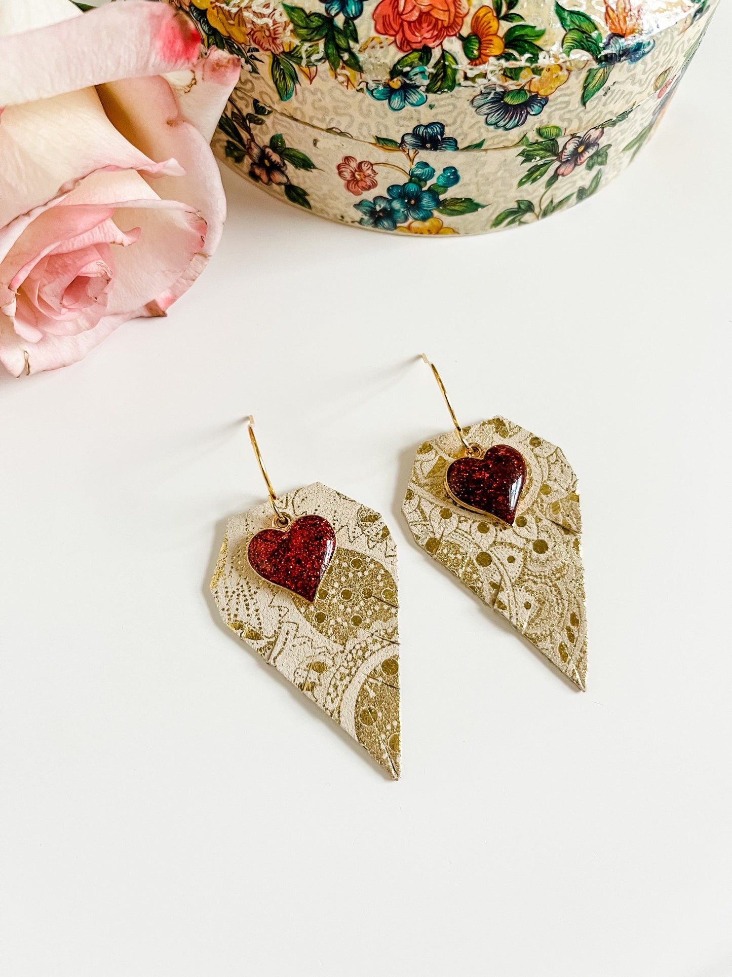 Gold Paisley Suede Earrings with Red Heart Charms, Valentines Earrings, Galentines Gift for Her, Diamond Shaped Fringe Earrings