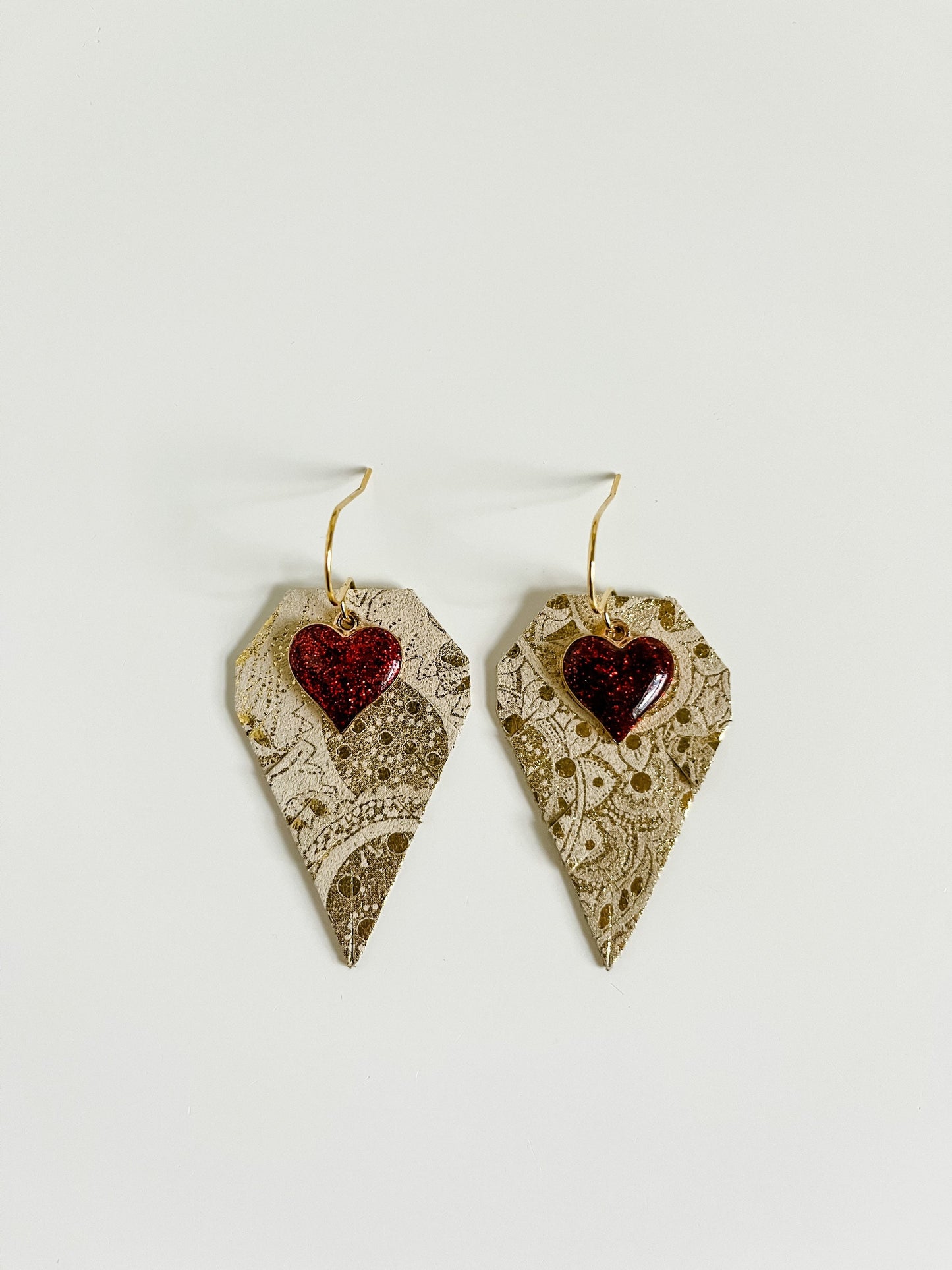 Gold Paisley Suede Earrings with Red Heart Charms, Valentines Earrings, Galentines Gift for Her, Diamond Shaped Fringe Earrings