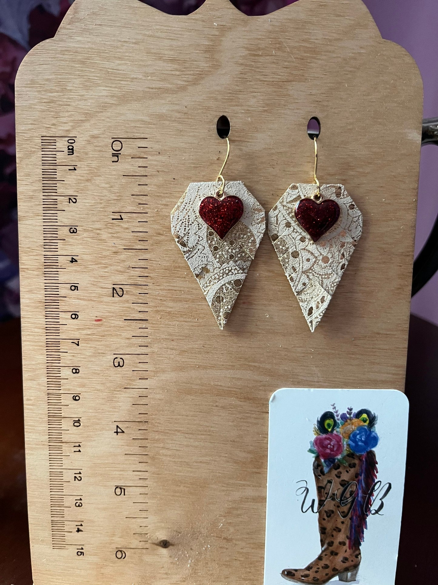 Gold Paisley Suede Earrings with Red Heart Charms, Valentines Earrings, Galentines Gift for Her, Diamond Shaped Fringe Earrings