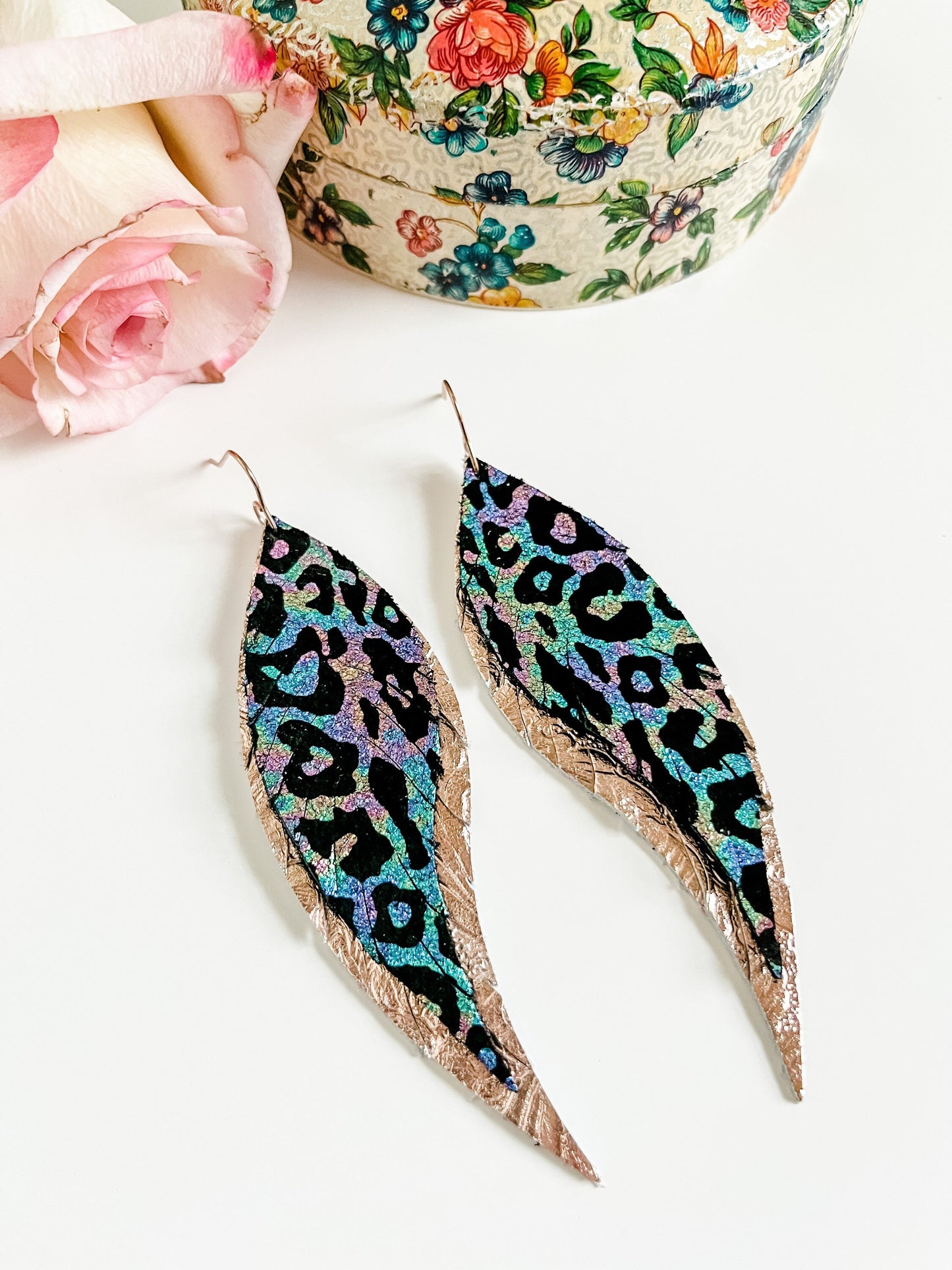 Big Leather Feather Earrings, Rainbow Metallic Leopard Earrings, Rose Gold Western Earrings, Maximalist Earrings, Coastal Cowgirl Earrings