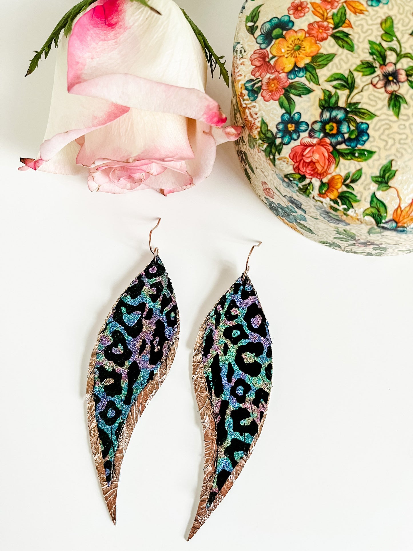 Big Leather Feather Earrings, Rainbow Metallic Leopard Earrings, Rose Gold Western Earrings, Maximalist Earrings, Coastal Cowgirl Earrings