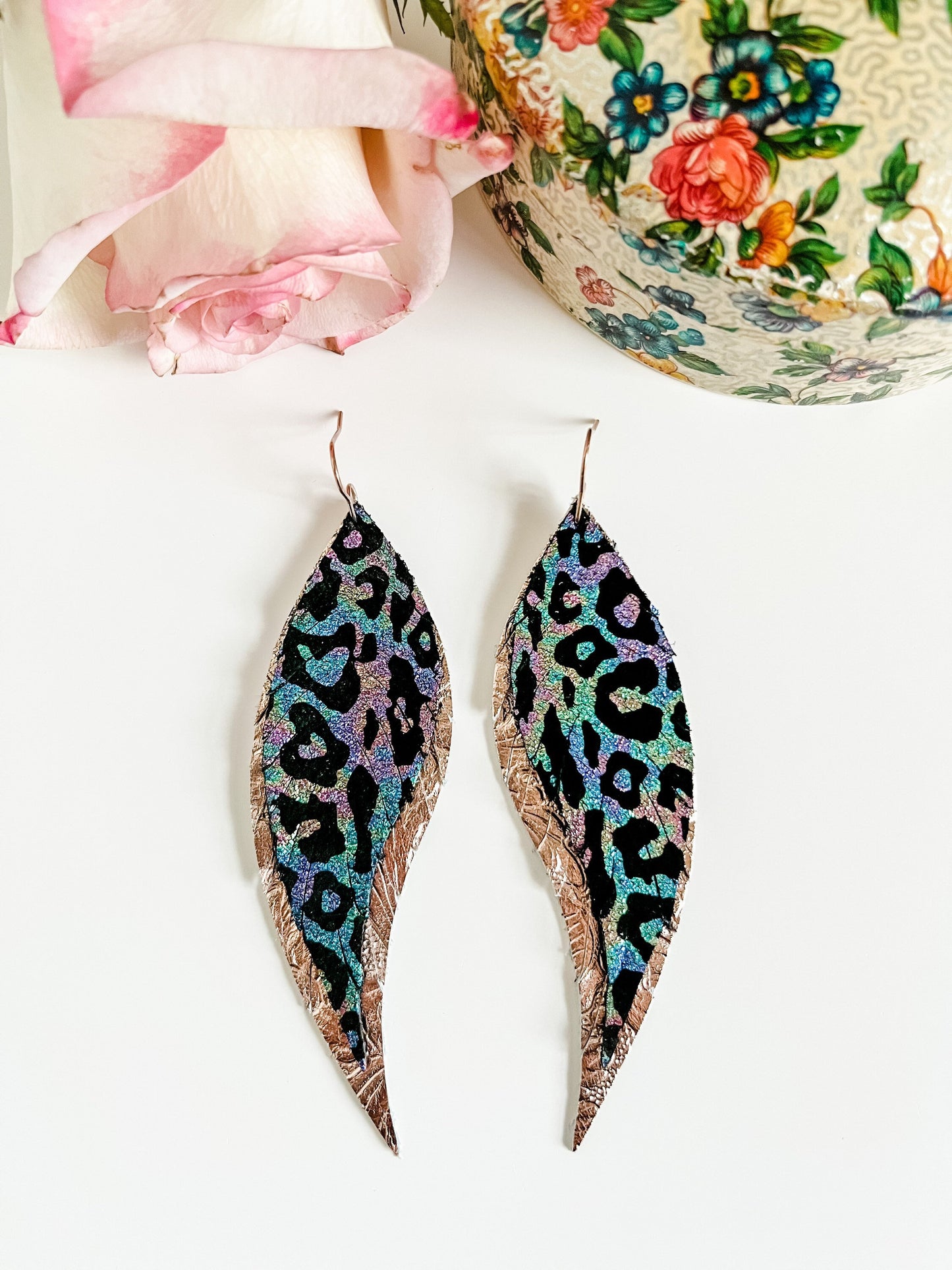 Big Leather Feather Earrings, Rainbow Metallic Leopard Earrings, Rose Gold Western Earrings, Maximalist Earrings, Coastal Cowgirl Earrings