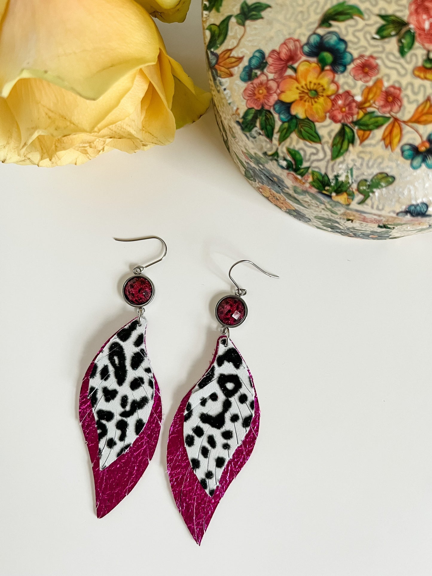 Pink and Black Leopard Earrings, Maximalist Feather Earrings, Metallic Dark Pink Leather, Flocked Leopard Leather, Bachelorette Earrings