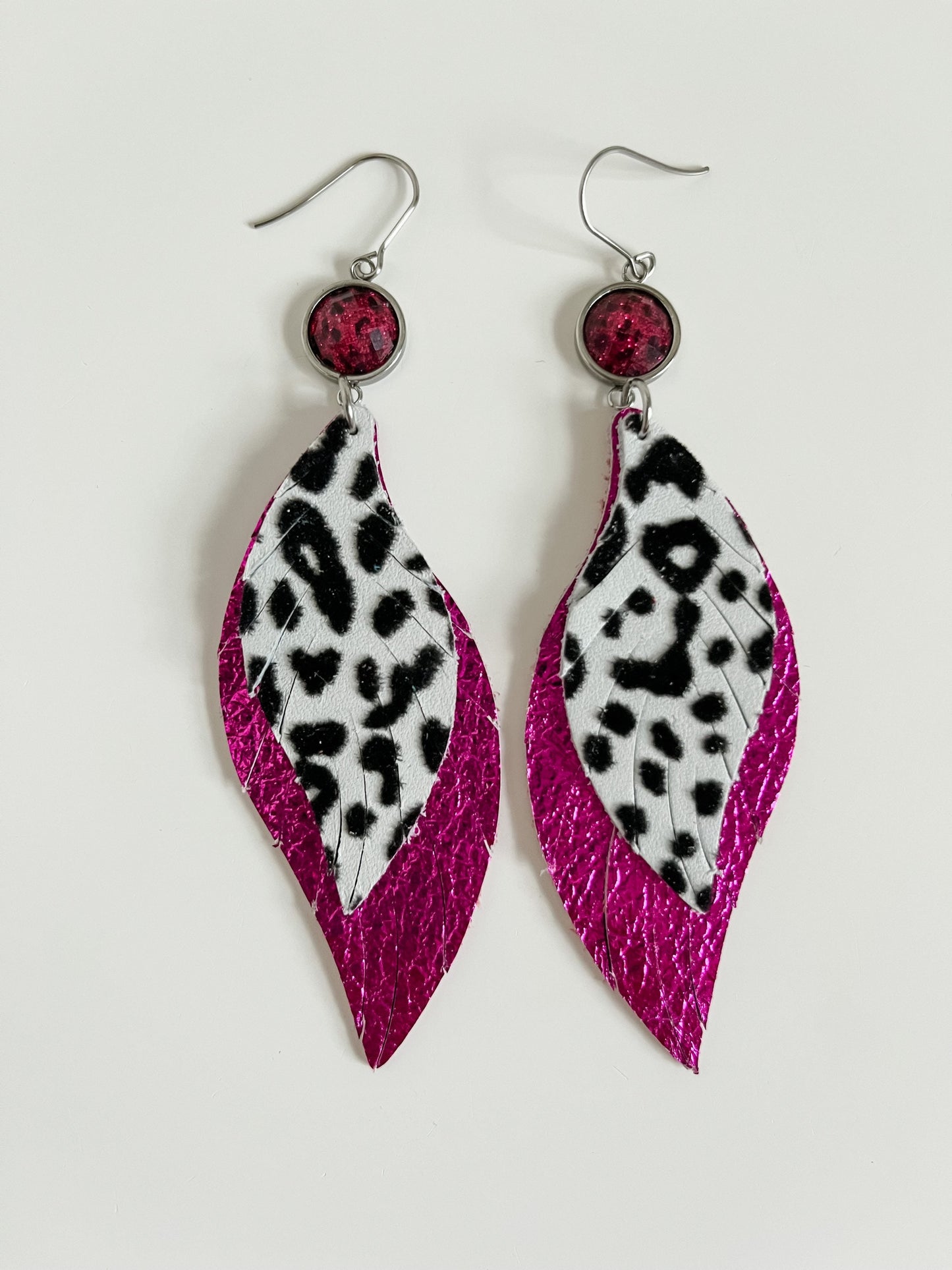 Pink and Black Leopard Earrings, Maximalist Feather Earrings, Metallic Dark Pink Leather, Flocked Leopard Leather, Bachelorette Earrings