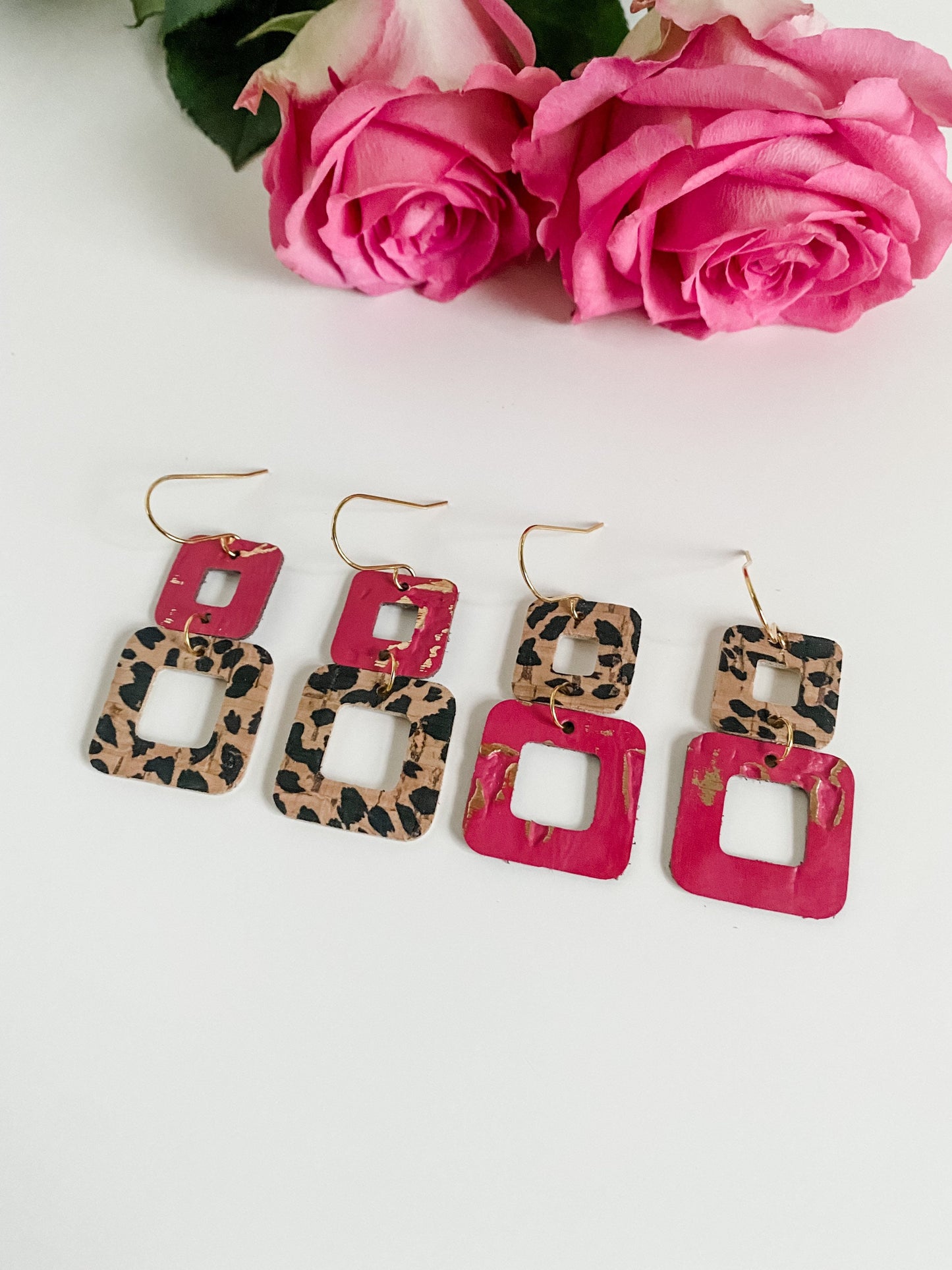 Pink and Cheetah Earrings, Small Geometric Earrings, Rounded Square Earrings, Funky Earrings, Cute Pink Earrings, Best Friend Gift for Her