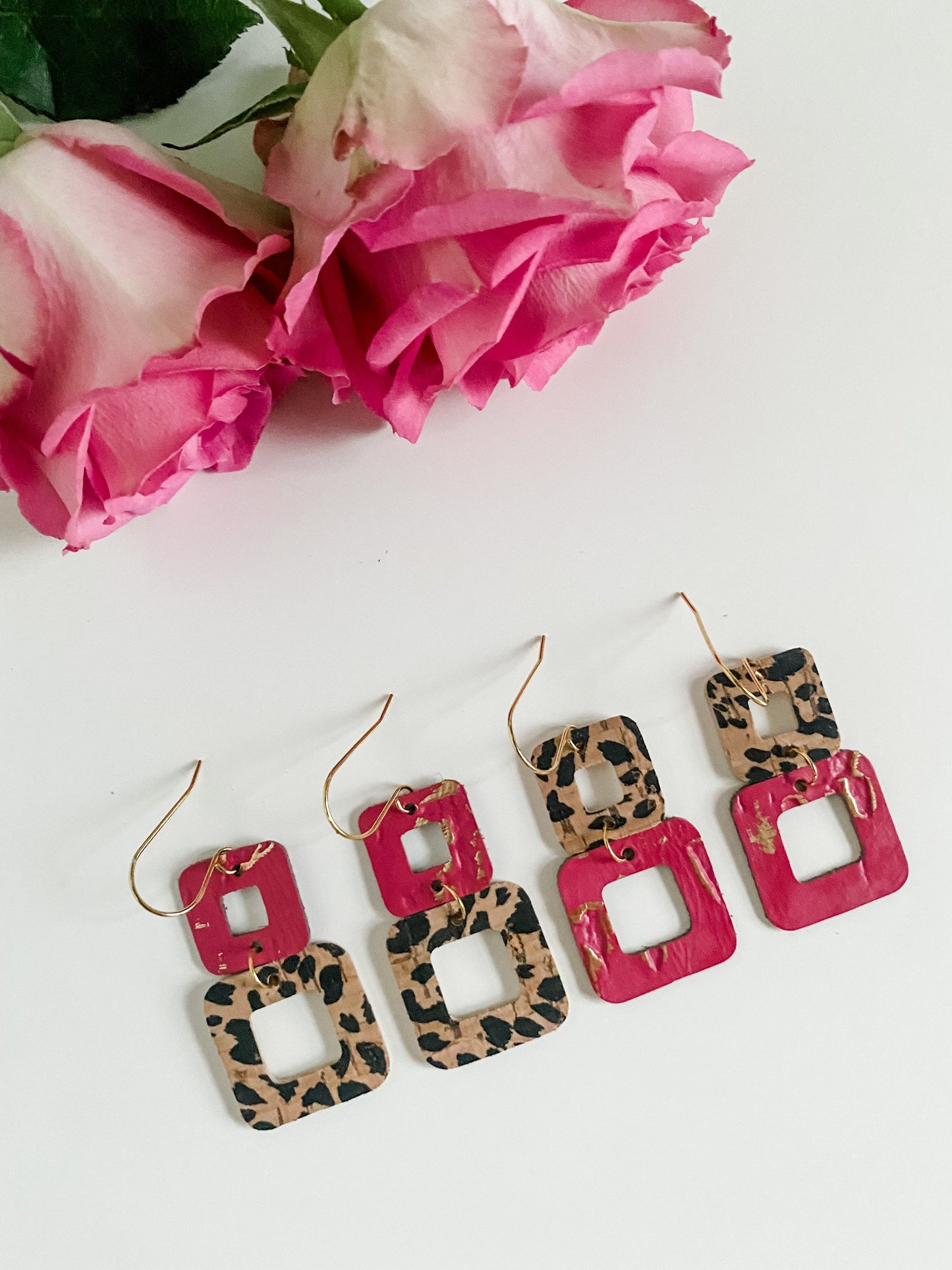 Pink and Cheetah Earrings, Small Geometric Earrings, Rounded Square Earrings, Funky Earrings, Cute Pink Earrings, Best Friend Gift for Her