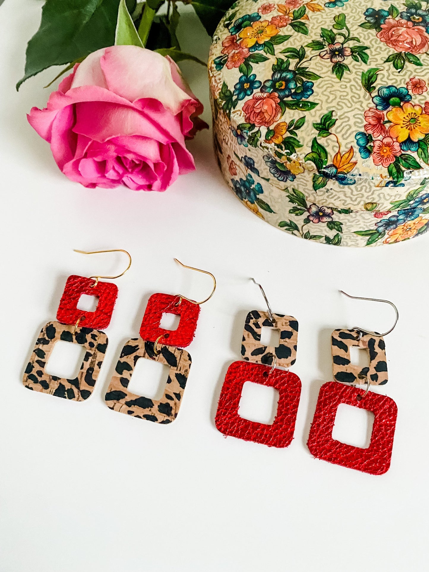 Red and Cheetah Earrings, Metallic Red Leather, Cheetah Print Cork, Small Geometric Earrings, Rounded Square Earrings