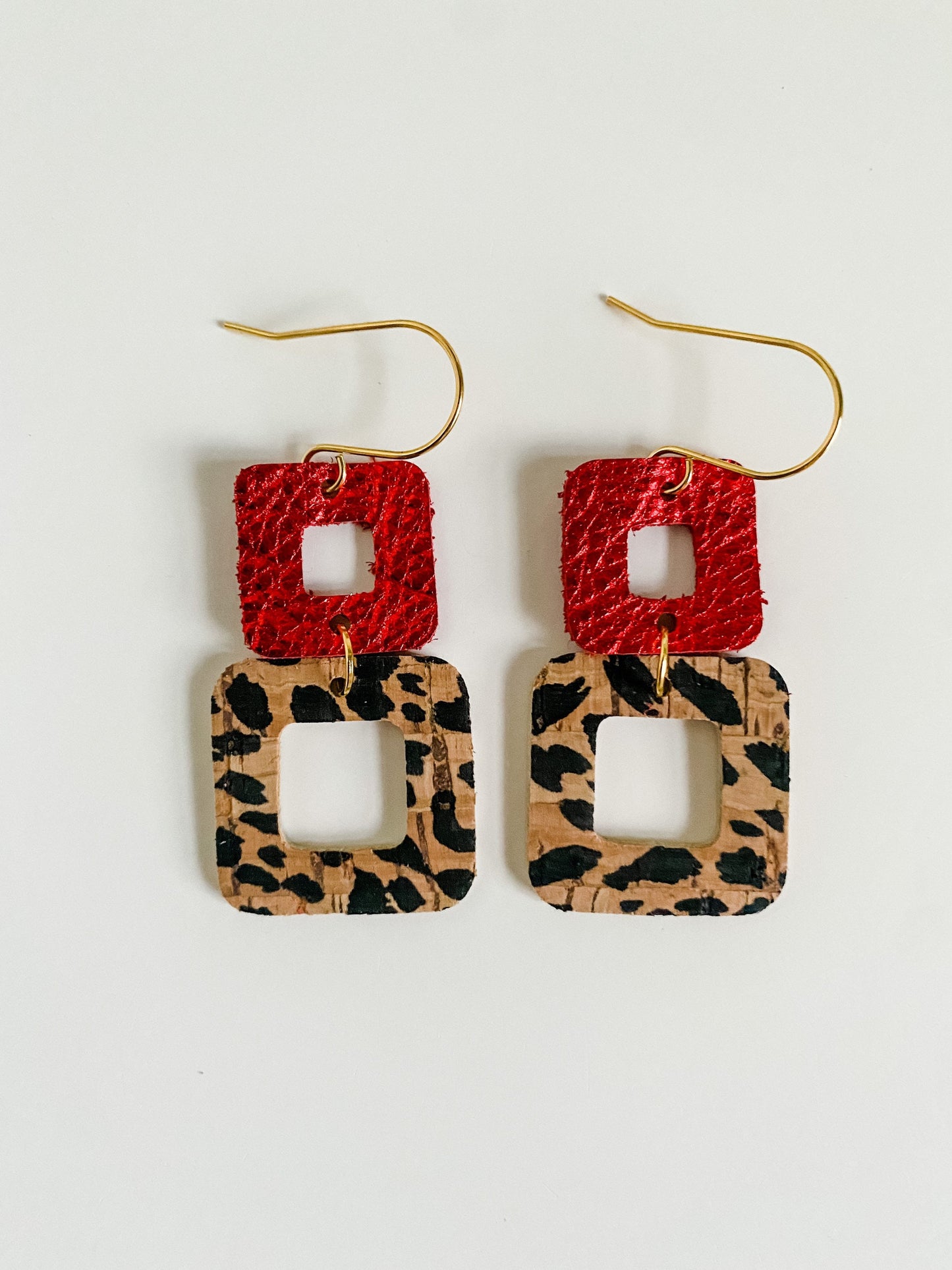 Red and Cheetah Earrings, Metallic Red Leather, Cheetah Print Cork, Small Geometric Earrings, Rounded Square Earrings