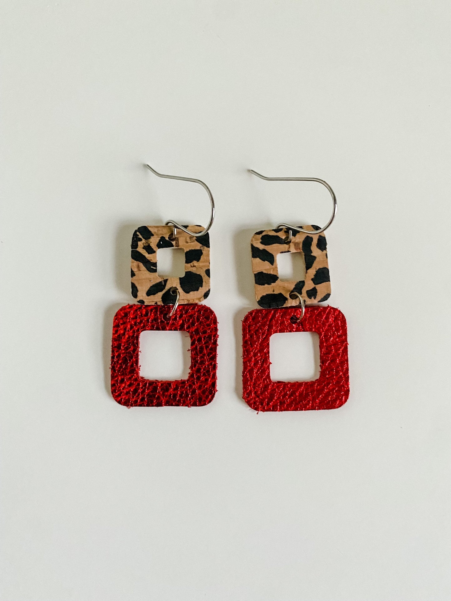 Red and Cheetah Earrings, Metallic Red Leather, Cheetah Print Cork, Small Geometric Earrings, Rounded Square Earrings