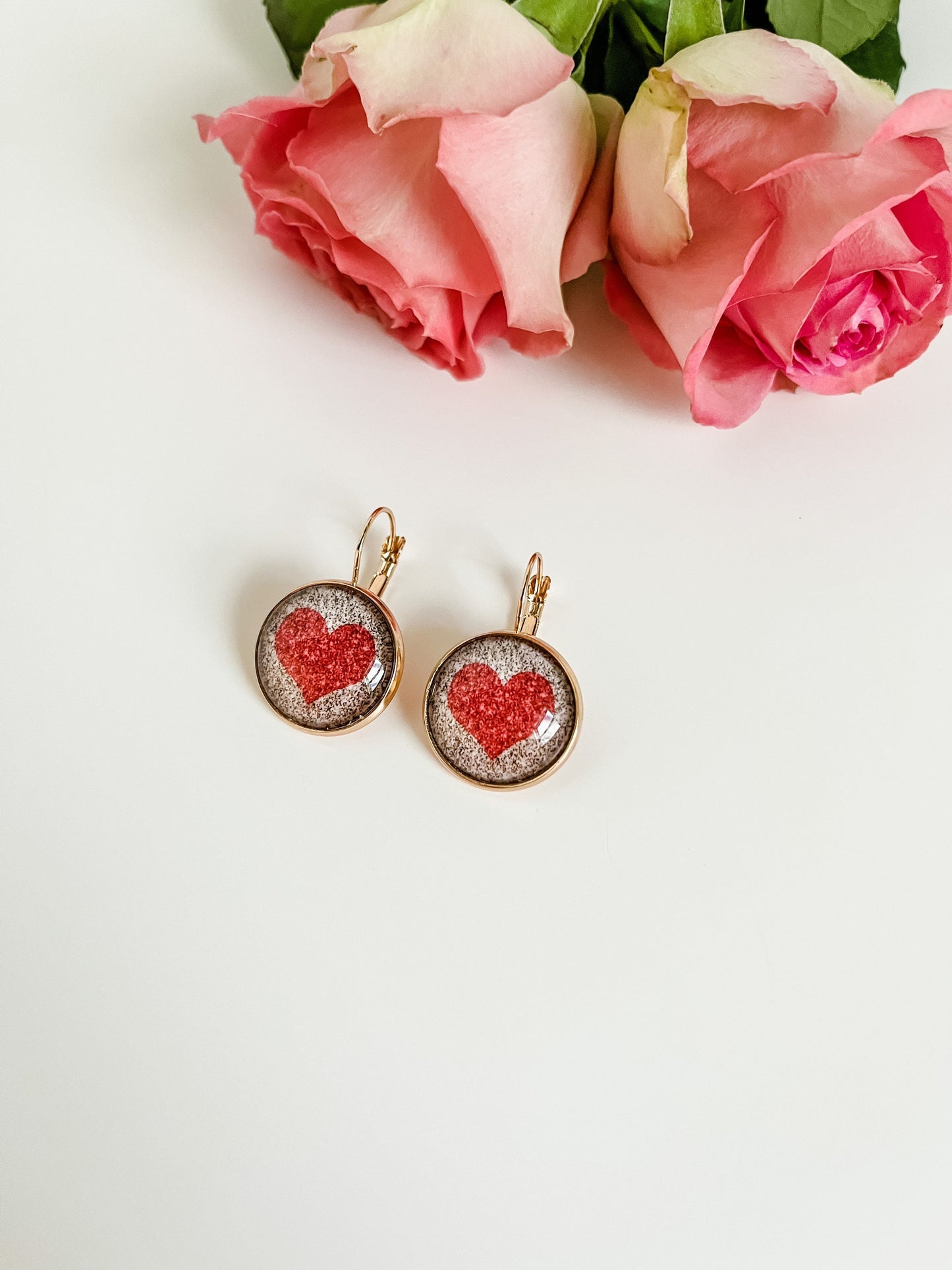 Rose Gold Glitter Heart Earrings, Rose Gold Lever Back Earrings, Heart Earrings, Galentines Gift for Her, Valentines Earrings