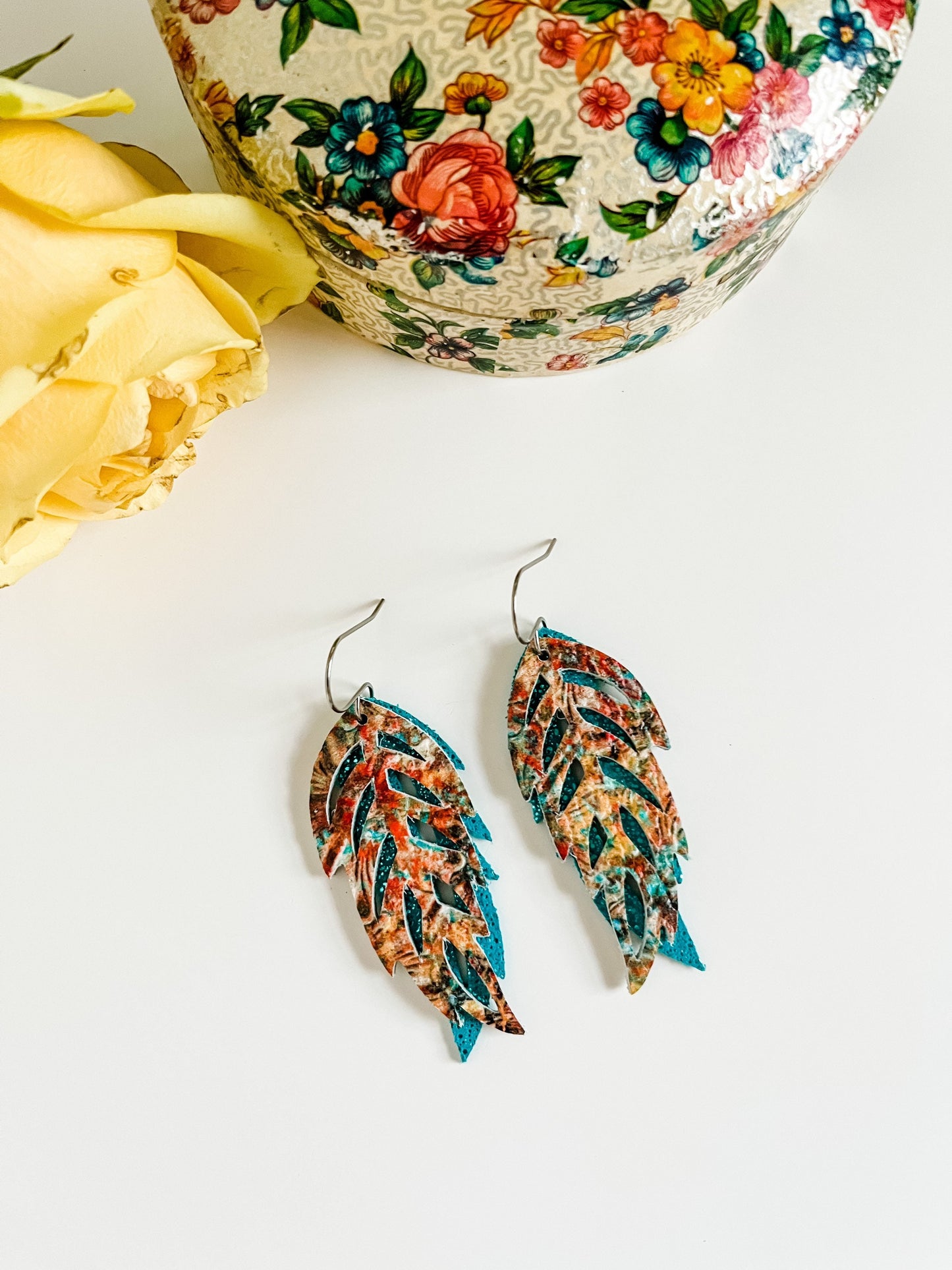 Leather Feather Earrings, Turquoise Earrings, Coastal Cowgirl Earrings, Cowgirl Chic Earrings, Western Tooled Patterned Earrings