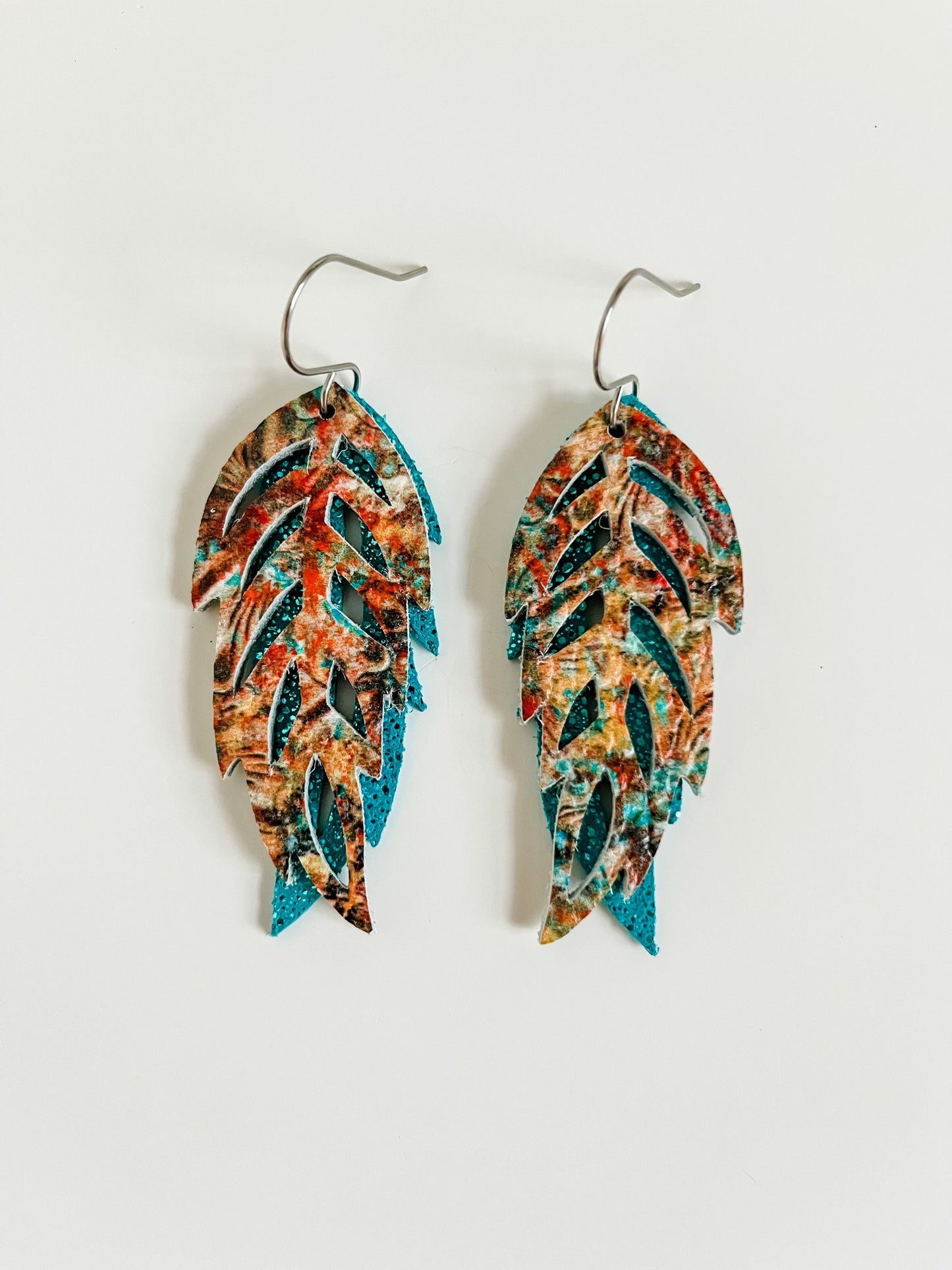 Leather Feather Earrings, Turquoise Earrings, Coastal Cowgirl Earrings, Cowgirl Chic Earrings, Western Tooled Patterned Earrings