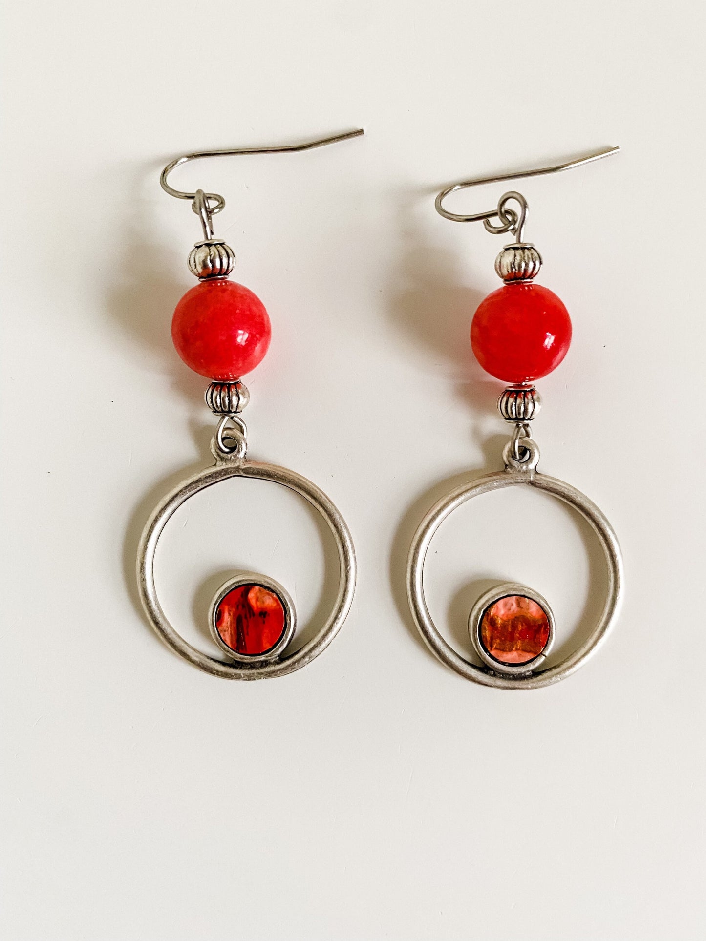 Boho Silver and Coral Stone Bead Earrings, Circle Dangle Earrings, Coral Earrings, Coastal Cowgirl Earrings, Southwestern Western Earrings