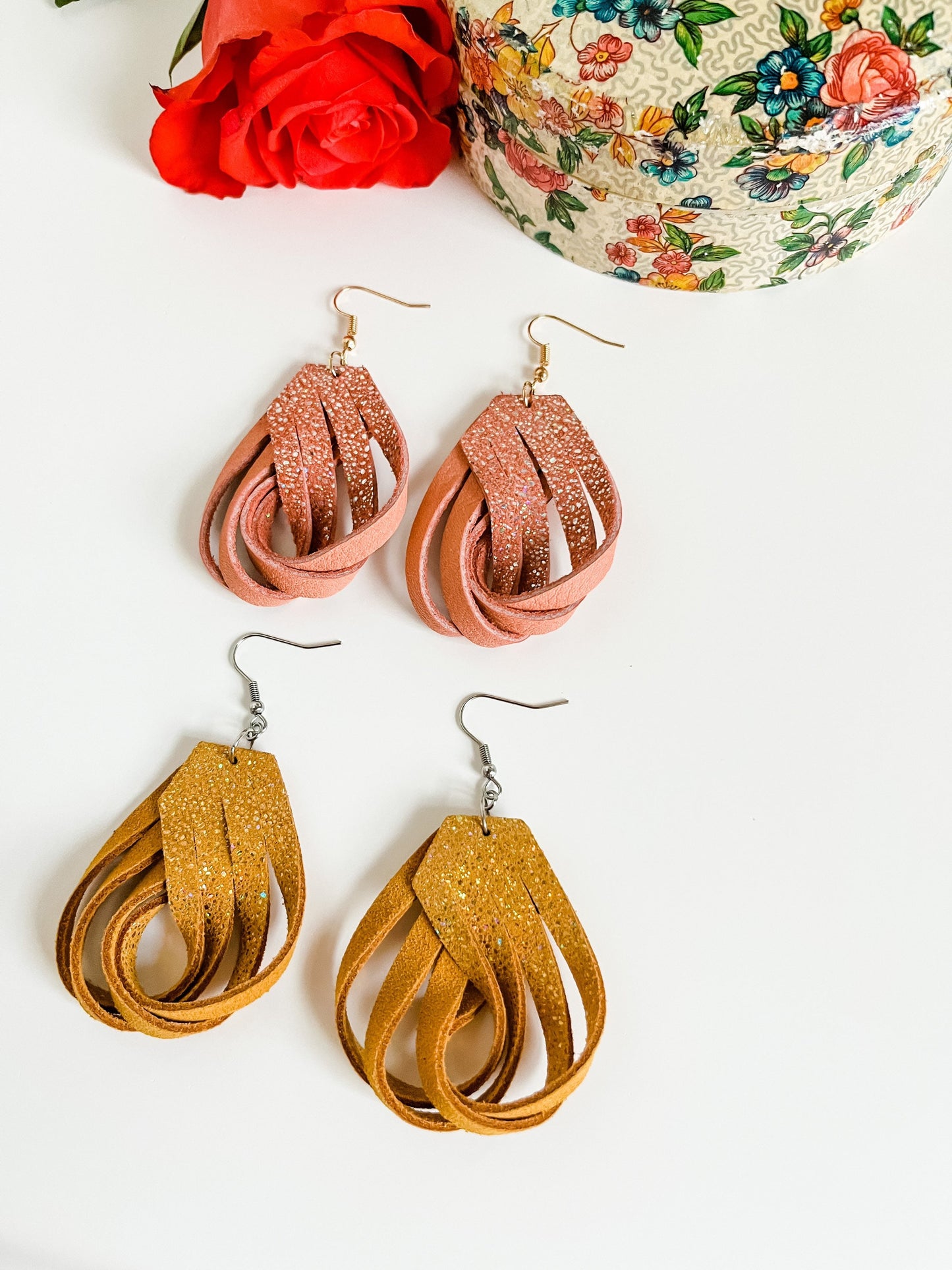 Leather Fringe Loop Earrings, Metallic Peach Sparkle, Metallic Mustard Sparkle, Leather Earrings, Medium Size Earrings, Boho Dressy Earrings