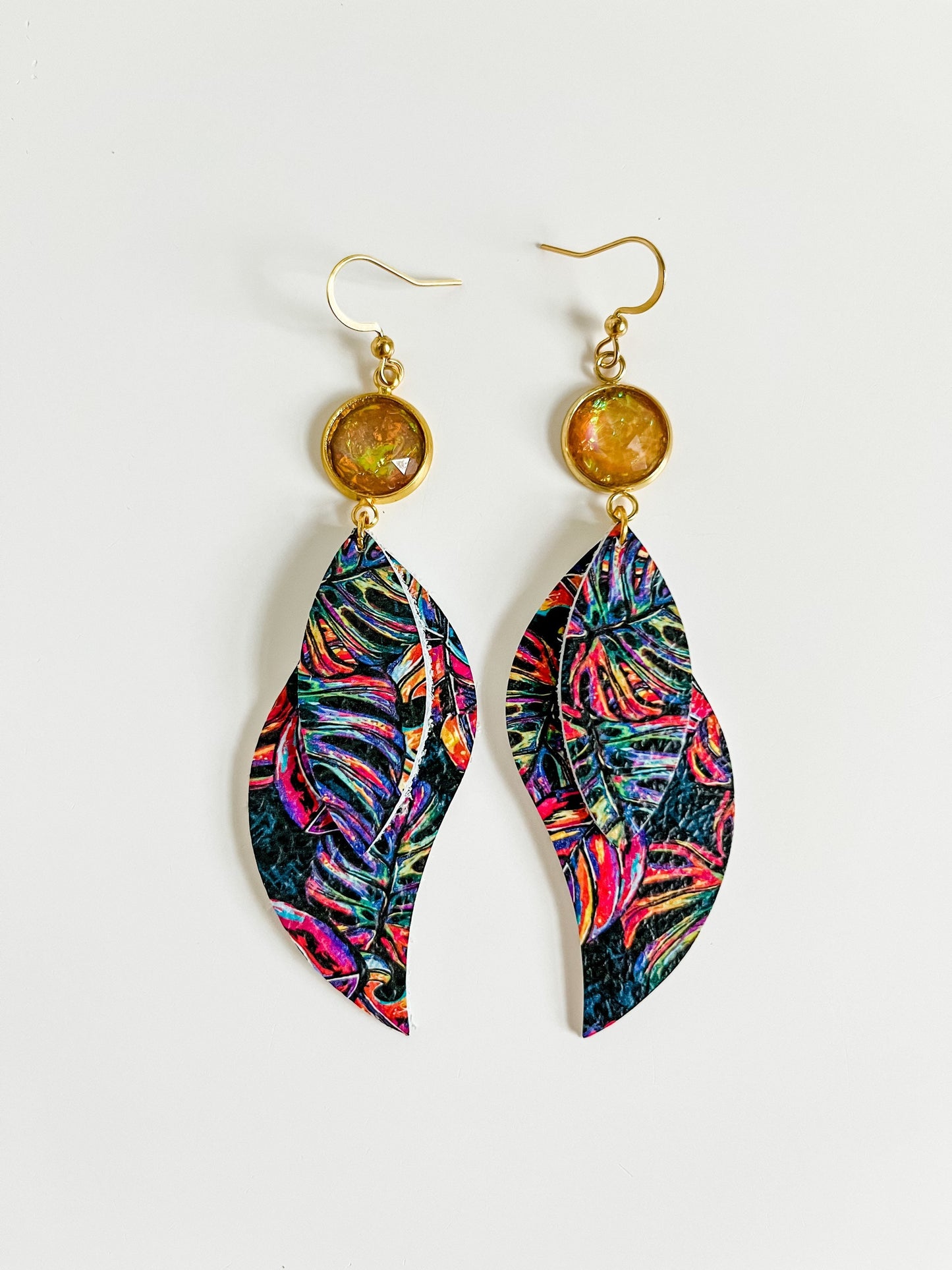 Neon Monstera Leaf Print Earrings, Twist Petal Earrings with Gold Orange Druzy Drops, Tropical Beachy Earrings, Monstera Gift for Her