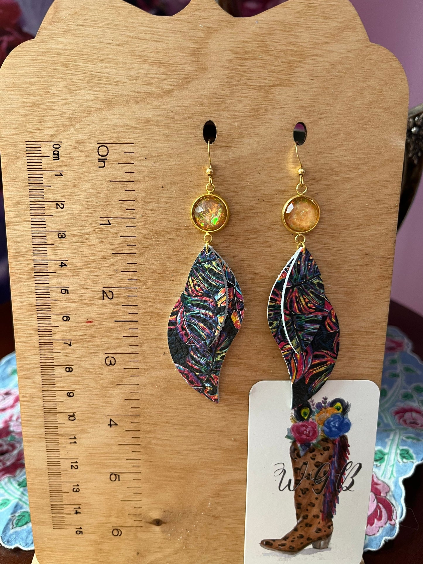 Neon Monstera Leaf Print Earrings, Twist Petal Earrings with Gold Orange Druzy Drops, Tropical Beachy Earrings, Monstera Gift for Her