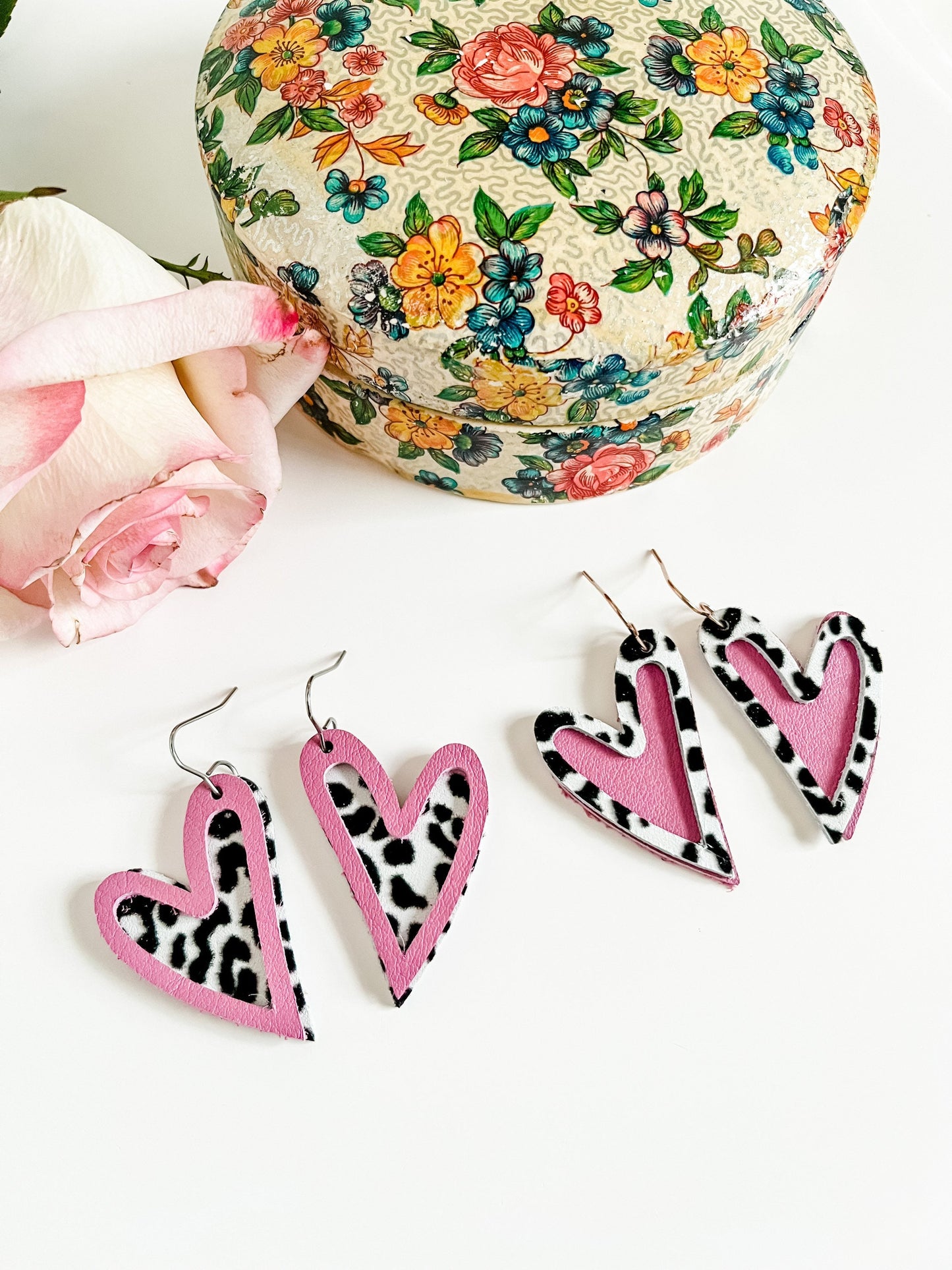 Snow Leopard and Mauve Whimsy Heart Earrings, Quirky Leather Heart Earrings, Leopard Earrings, Best Friend Birthday Galentines Gift for Her