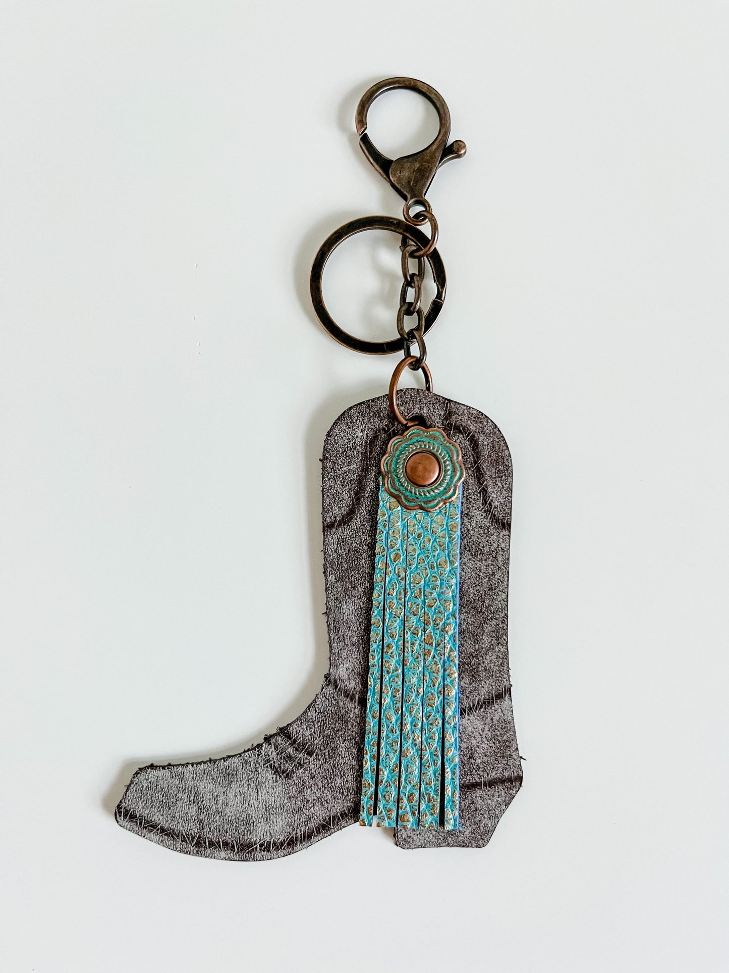 Cowgirl Boot Keychain with Leather Fringe or Feathers, Western Keychain, Saddle Charm, Purse Charm, Gift for Cowgirl, Truck Accessories